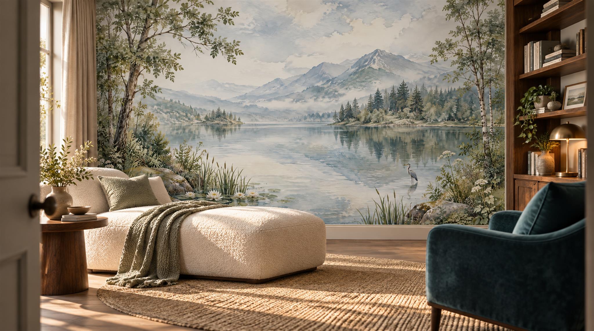 Blue And Neutral A Lakeside View Wallpaper Accent-wall-wallpaper-murals, Peel-and-stick Finish