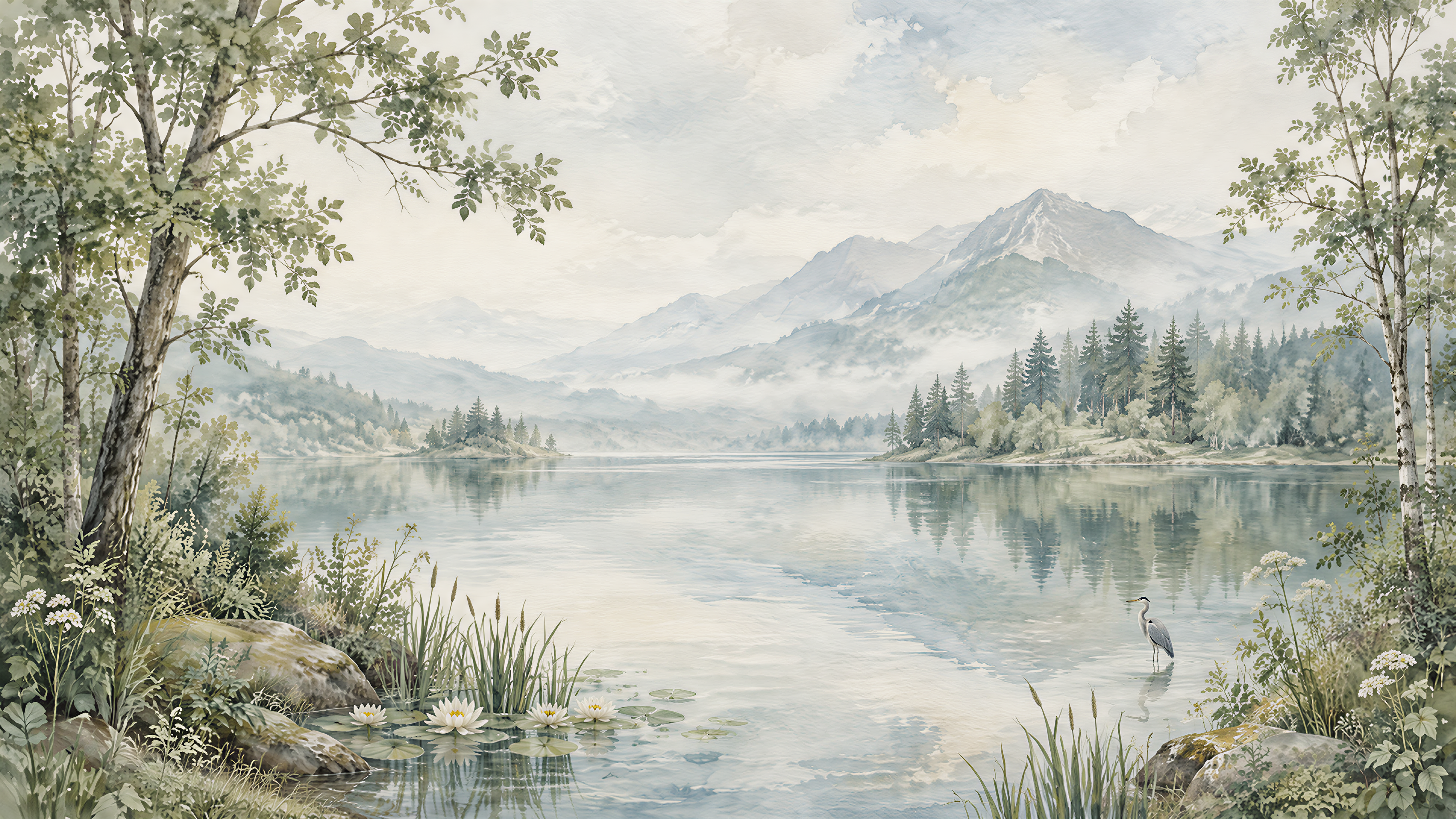 Blue And Neutral A Lakeside View Wallpaper Accent-wall-wallpaper-murals, Peel-and-stick Finish