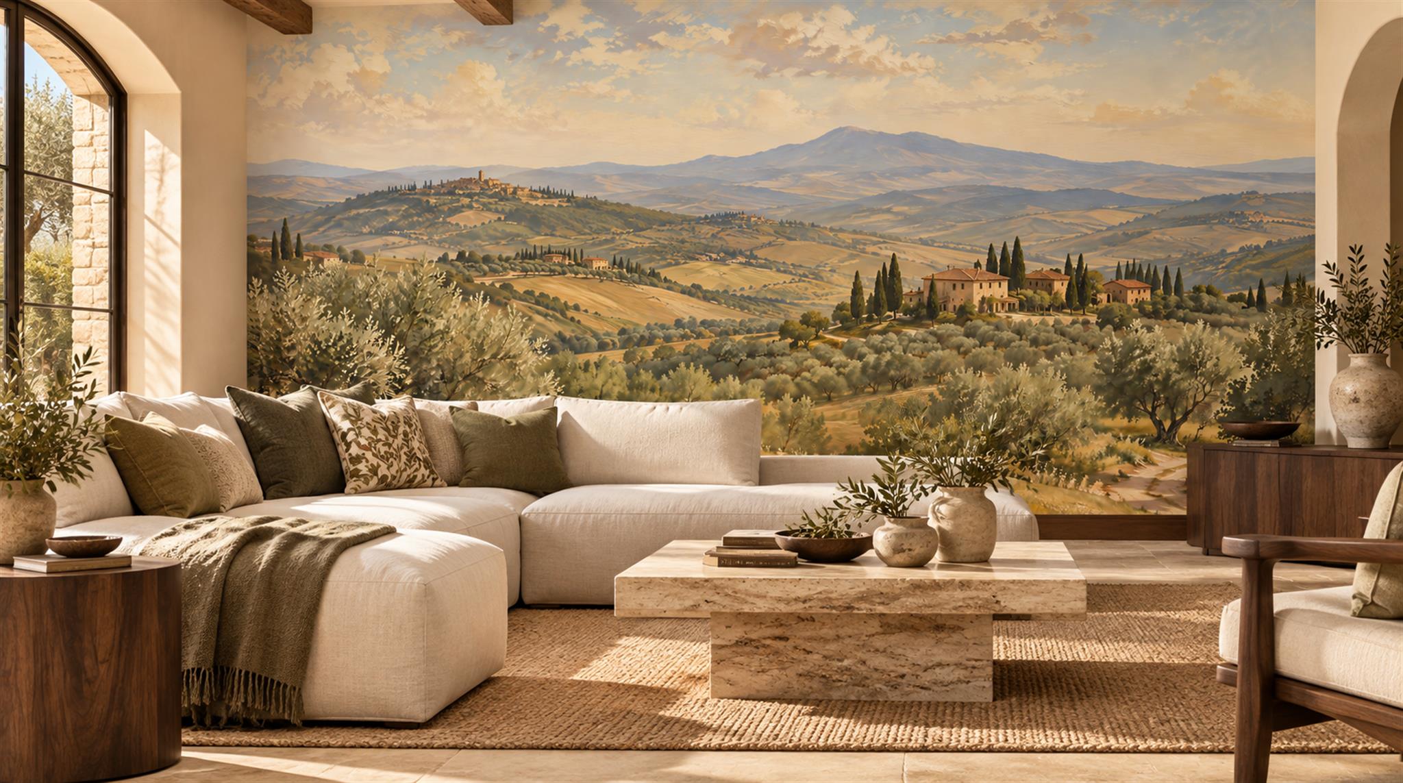 Gold And Neutral A Painterly Scenic View Decorative Wallpaper Living-room-wallpaper-murals, Shown In A Living Room, Peel-and-stick Finish