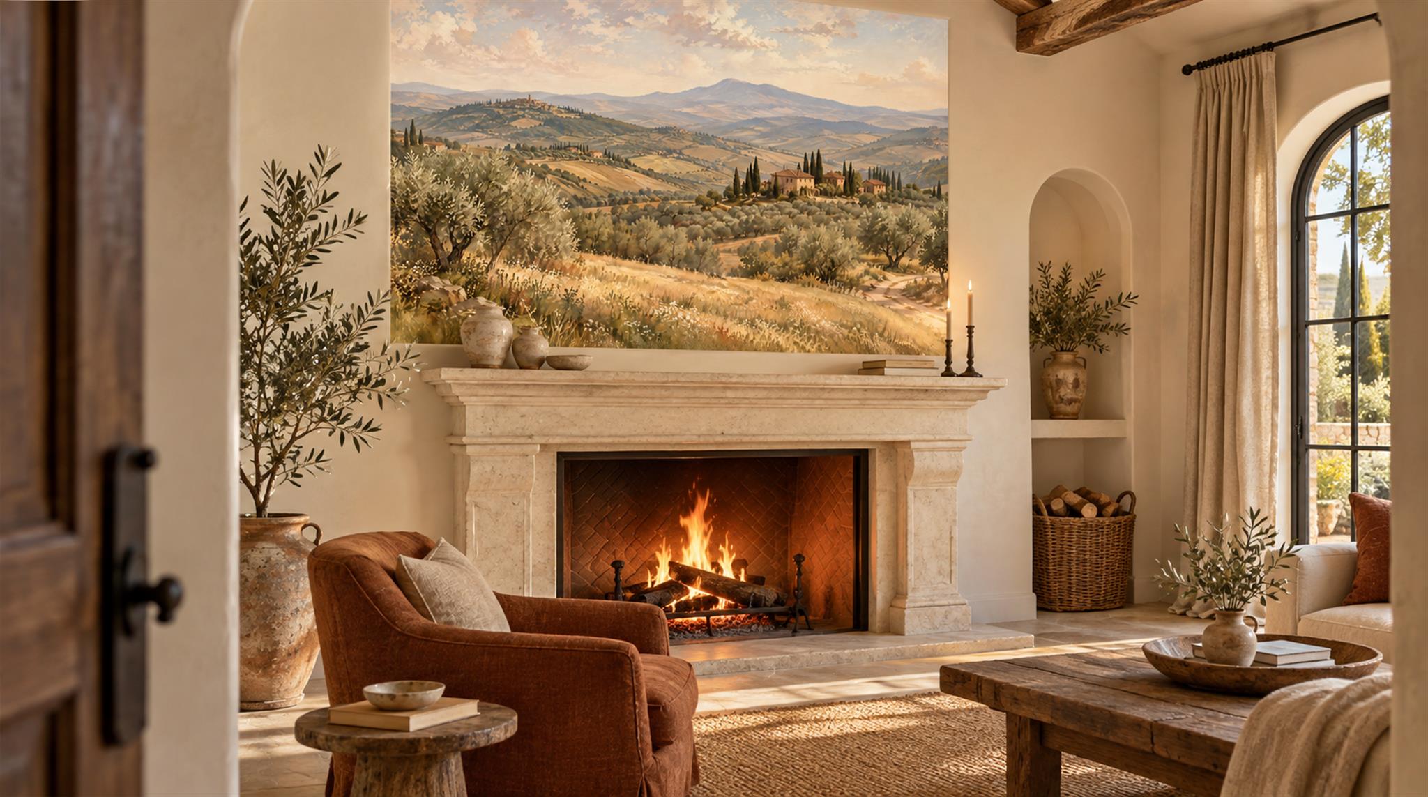 Gold And Neutral A Painterly Scenic View Decorative Wallpaper Accent-wall-wallpaper-murals, Peel-and-stick Finish