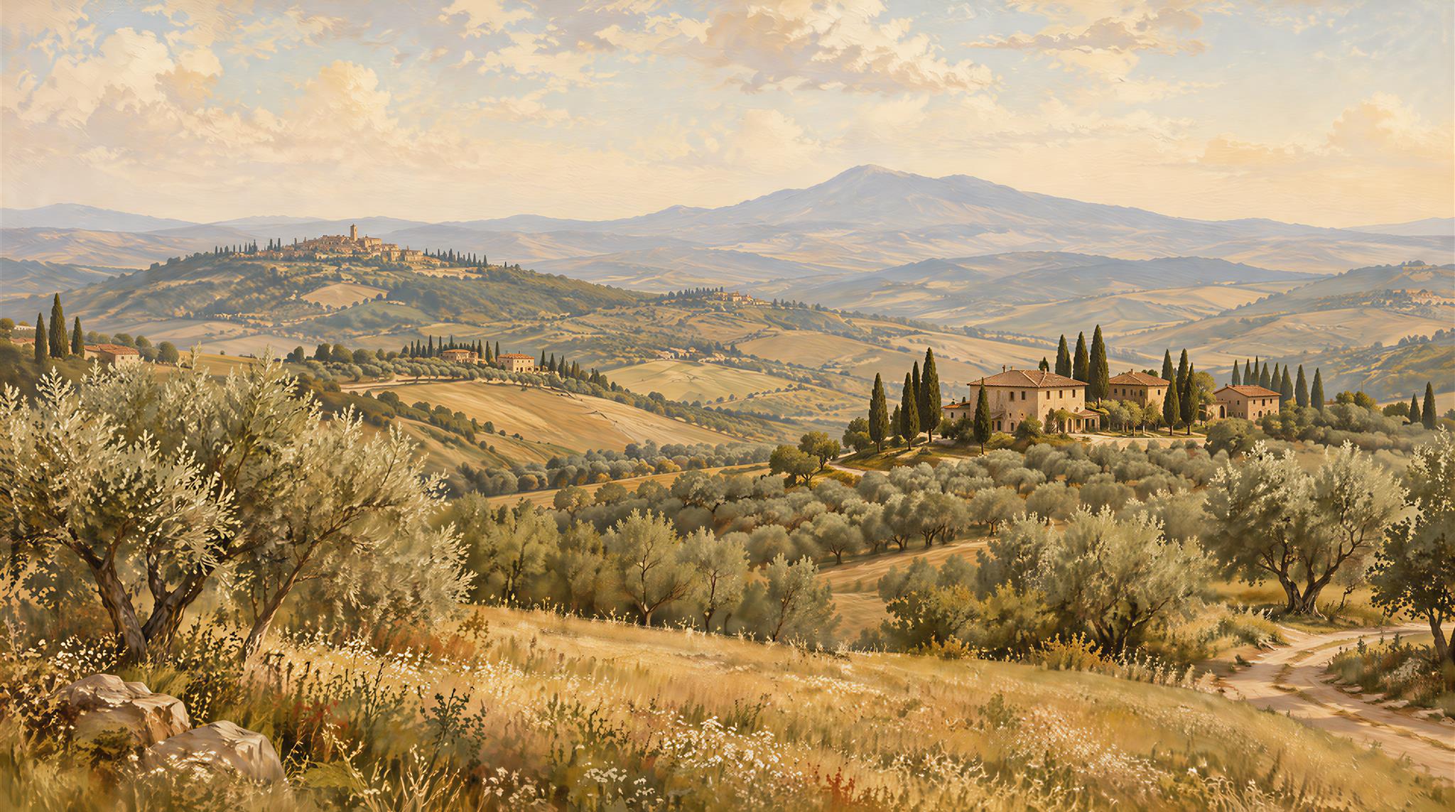 Tuscan Hillside Village And Olive Groves Wallpaper Mural — Wallpaper Mural Design, Peel-and-stick Finish
