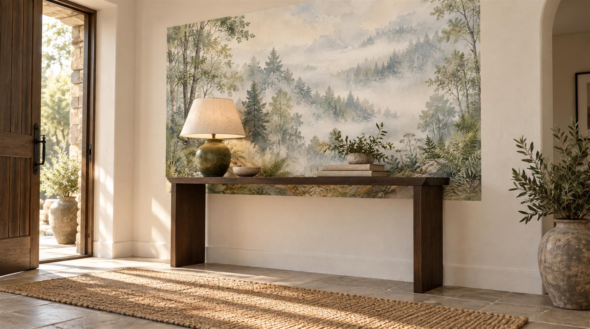 Sage Green And Neutral Woodland Trees Wallpaper Mural Entryway-wallpaper-murals, Peel-and-stick Finish