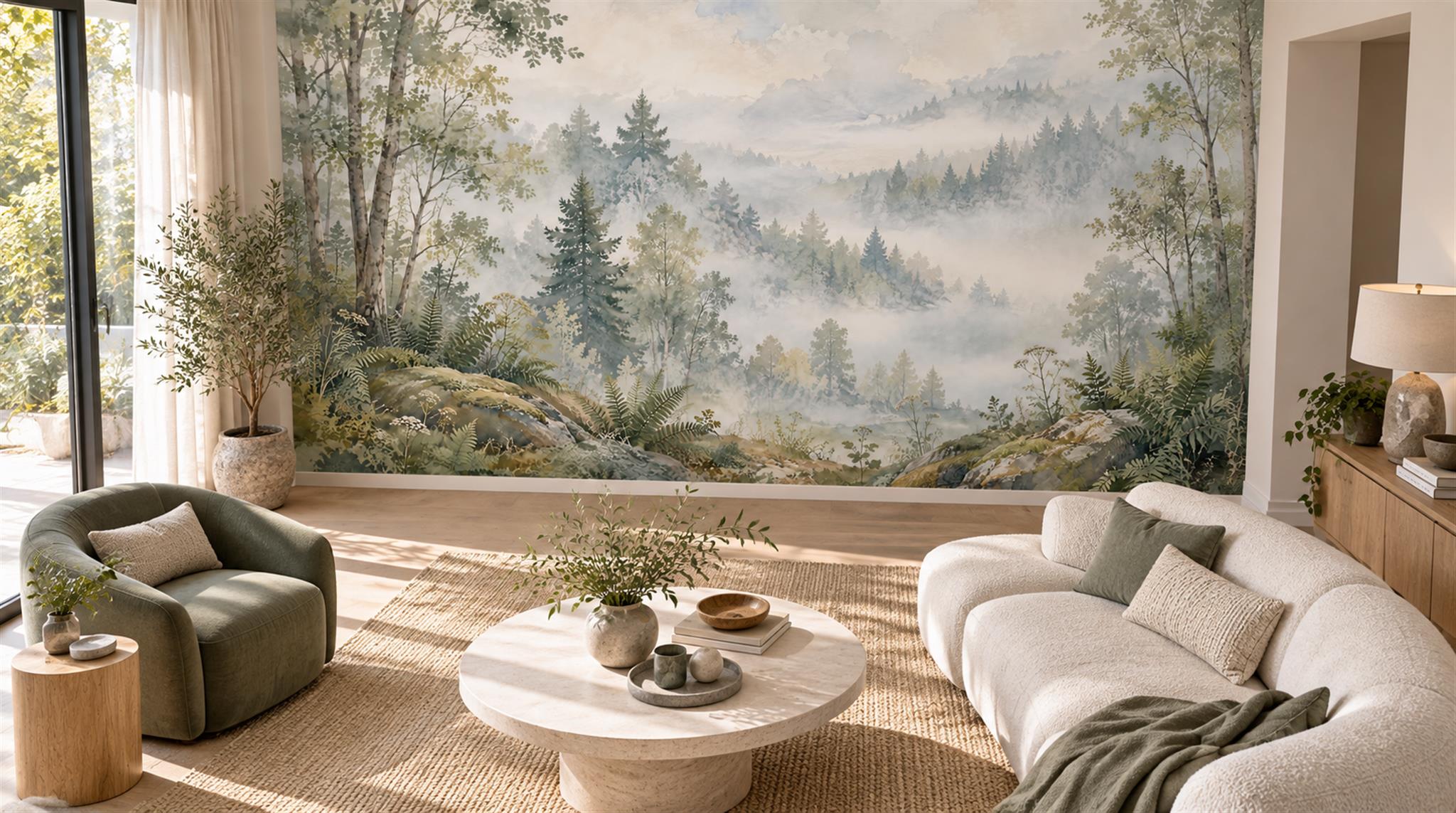Sage Green And Neutral Woodland Trees Wallpaper Mural Living-room-wallpaper-murals, Shown In A Living Room, Peel-and-stick Finish