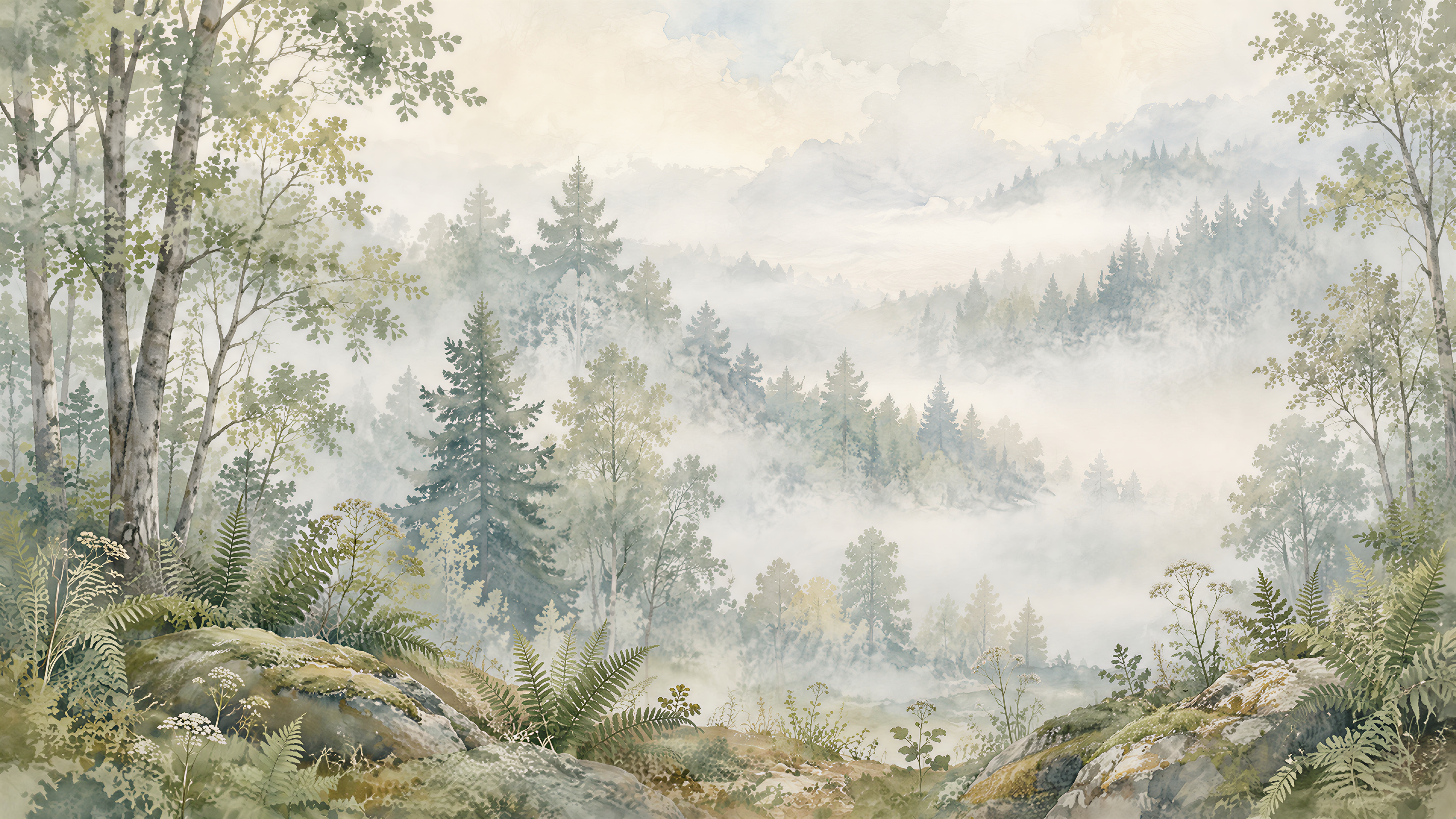 Sage Green And Neutral Woodland Trees Wallpaper Mural, Peel-and-stick Finish