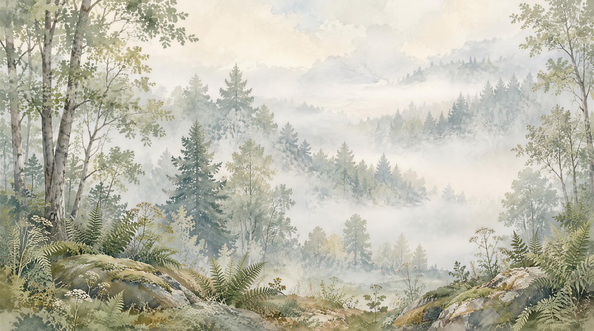 Misty Green Woodland And Fern Landscape Wallpaper Mural — Wallpaper Mural Design, Peel-and-stick Finish