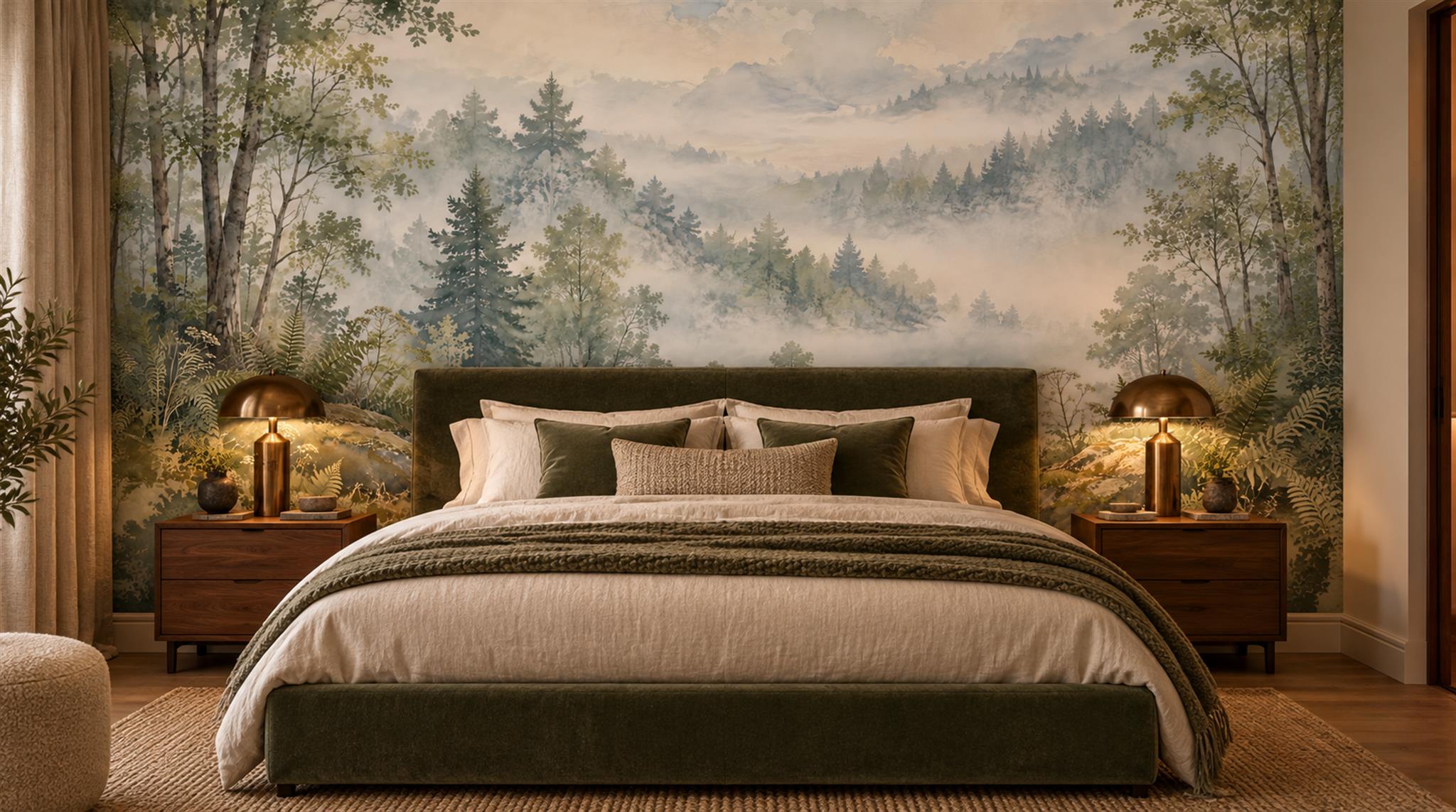 Sage Green And Neutral Woodland Trees Wallpaper Mural, Peel-and-stick Finish