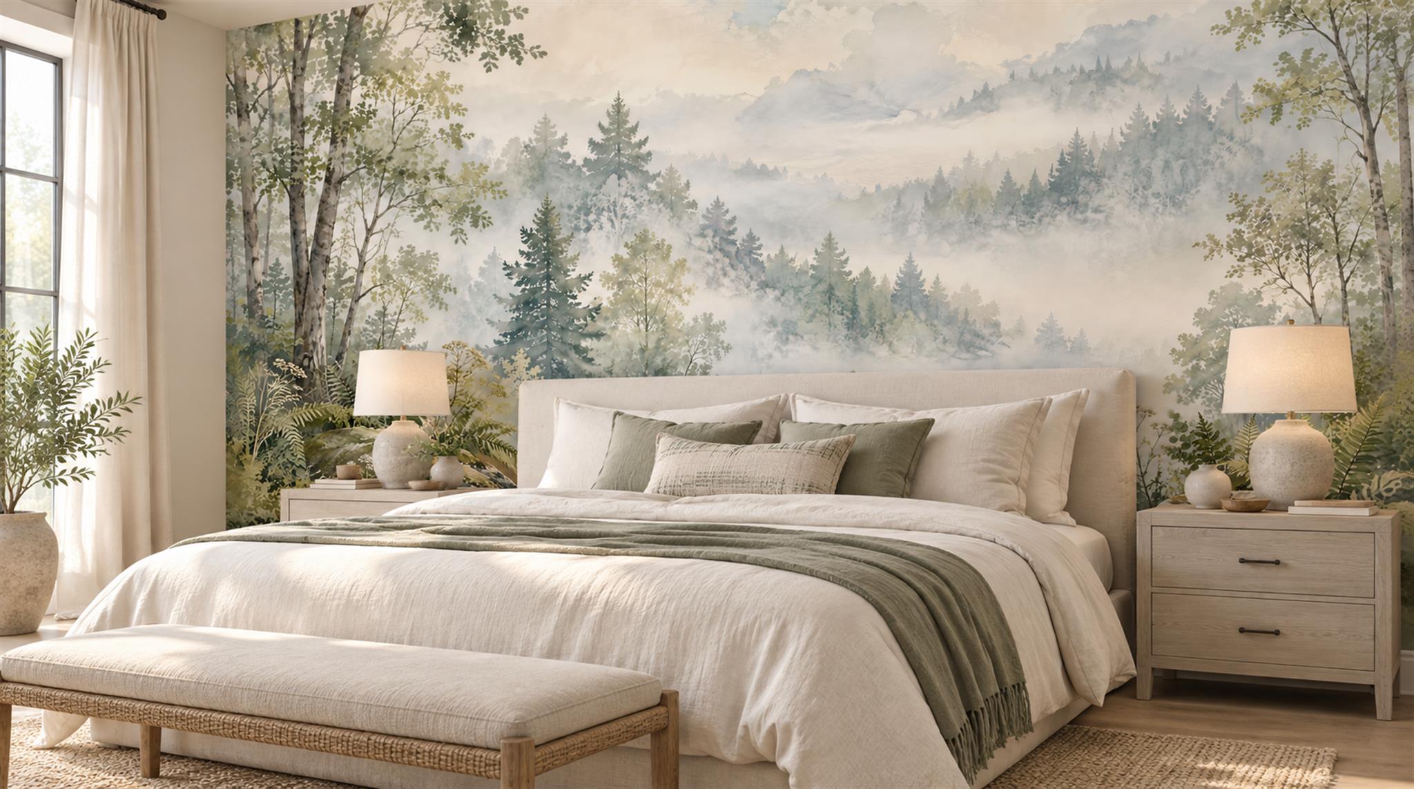 Sage Green And Neutral Woodland Trees Wallpaper Mural Bedroom-wallpaper-murals, Peel-and-stick Finish