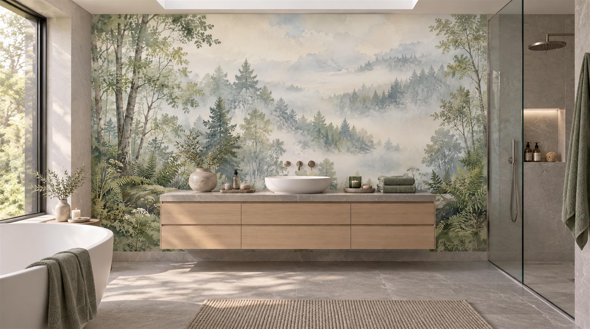Sage Green And Neutral Woodland Trees Wallpaper Mural Accent-wall-wallpaper-murals, Peel-and-stick Finish