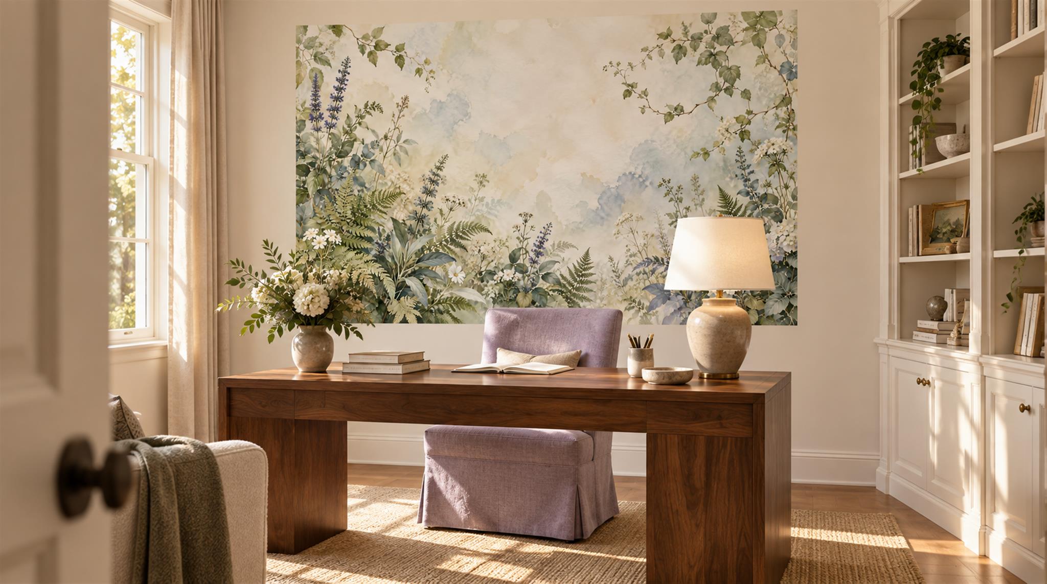 Ivory And Neutral Fern Foliage Wallpaper Mural Home-office-wallpaper-murals, Shown In A Home Office, Peel-and-stick Finish