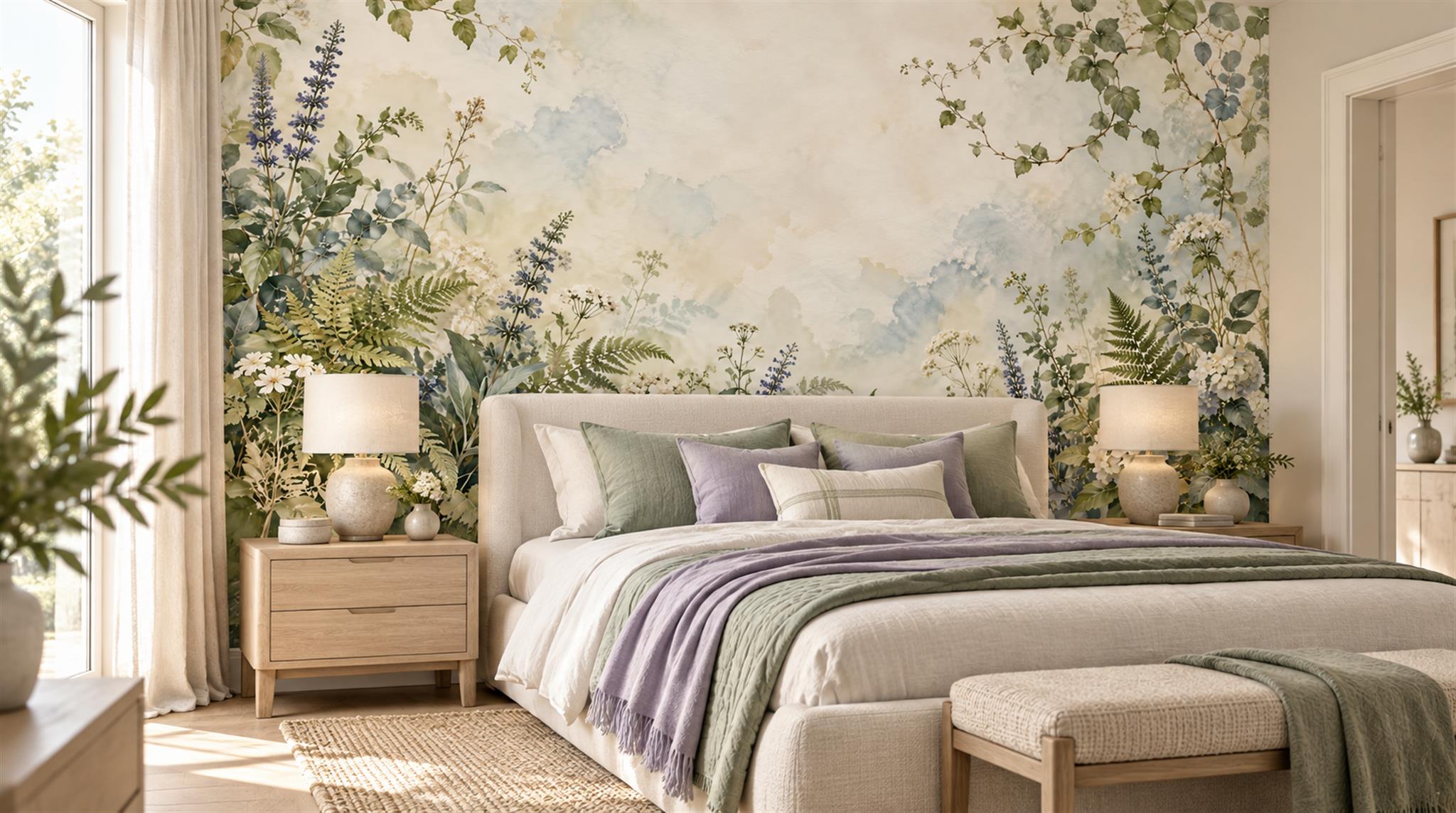 Ivory And Neutral Fern Foliage Wallpaper Mural Bedroom-wallpaper-murals, Peel-and-stick Finish