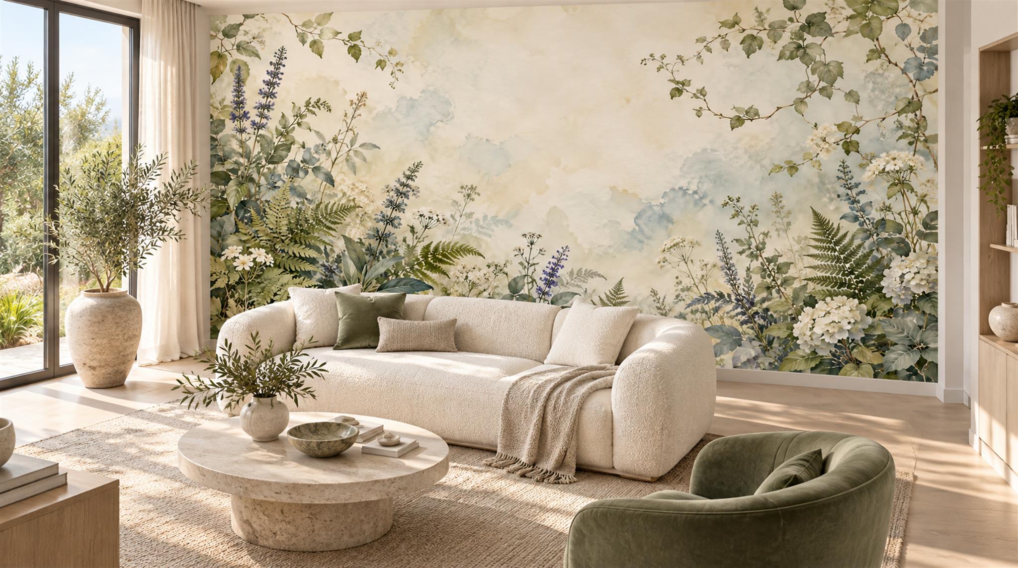 Ivory And Neutral Fern Foliage Wallpaper Mural Living-room-wallpaper-murals, Shown In A Living Room, Peel-and-stick Finish