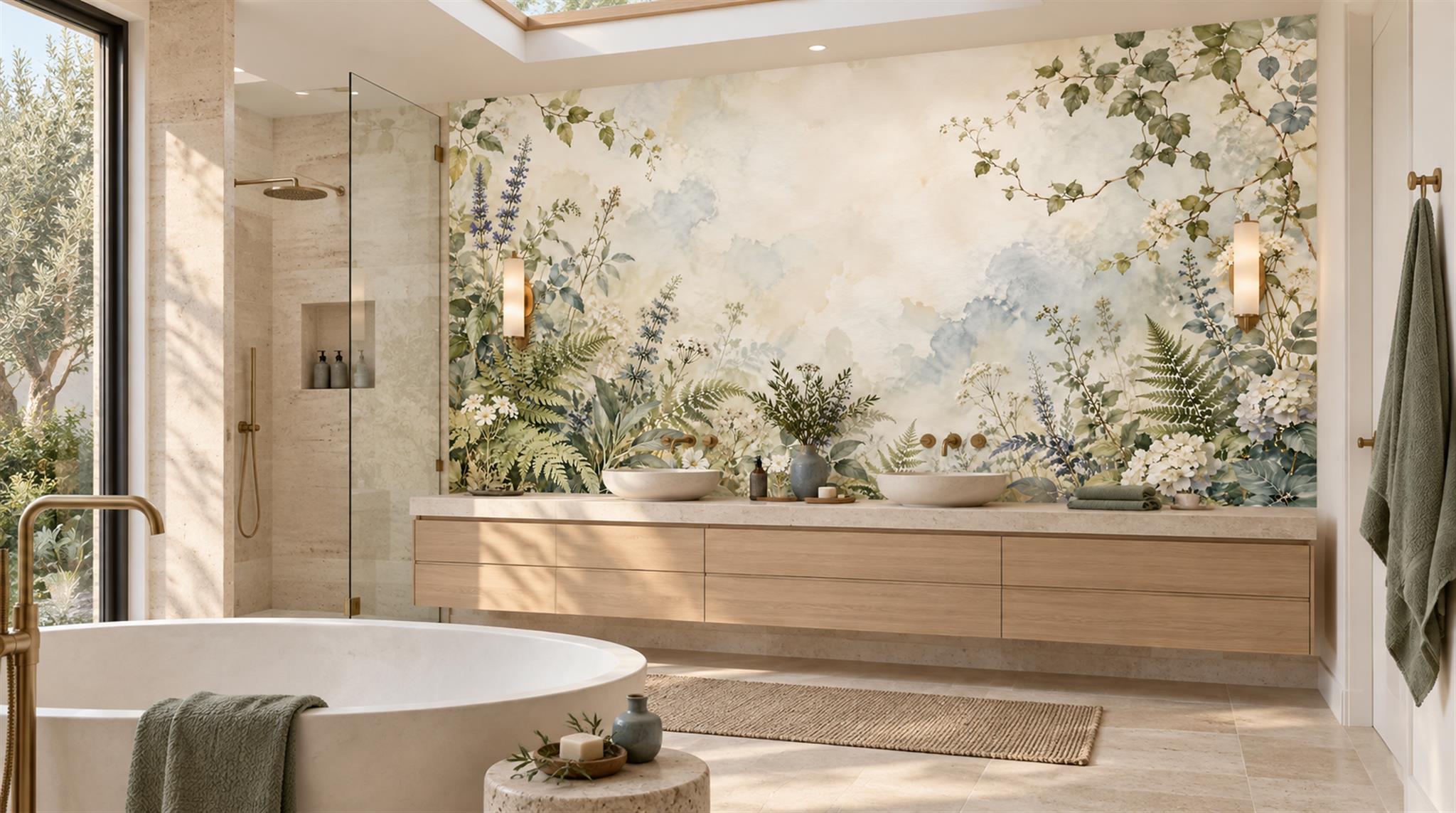 Ivory And Neutral Fern Foliage Wallpaper Mural Accent-wall-wallpaper-murals, Peel-and-stick Finish