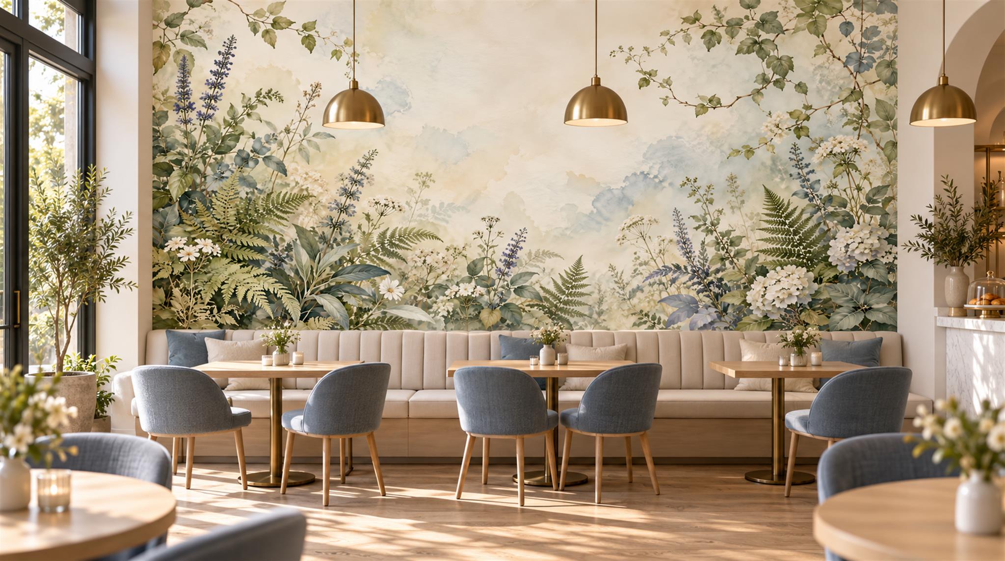 Ivory And Neutral Fern Foliage Wallpaper Mural Cafe-wallpaper-murals, Peel-and-stick Finish