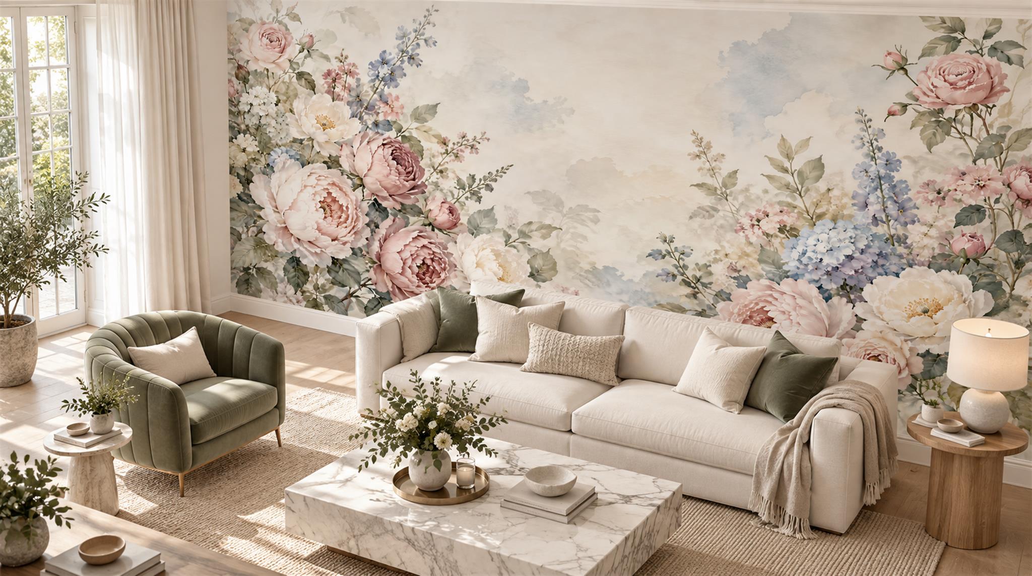 Soft Pastel And Neutral Abstract Forms Wallpaper Painterly Wallpaper Living-room-wallpaper-murals, Shown In A Living Room, Peel-and-stick Finish