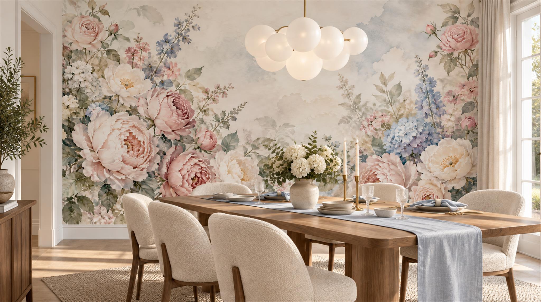 Soft Pastel And Neutral Abstract Forms Wallpaper Painterly Wallpaper Dining-room-wallpaper-murals, Shown In A Dining Room, Peel-and-stick Finish