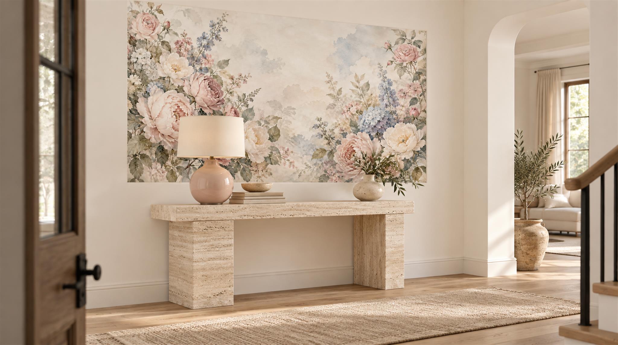 Soft Pastel And Neutral Abstract Forms Wallpaper Painterly Wallpaper Entryway-wallpaper-murals, Peel-and-stick Finish