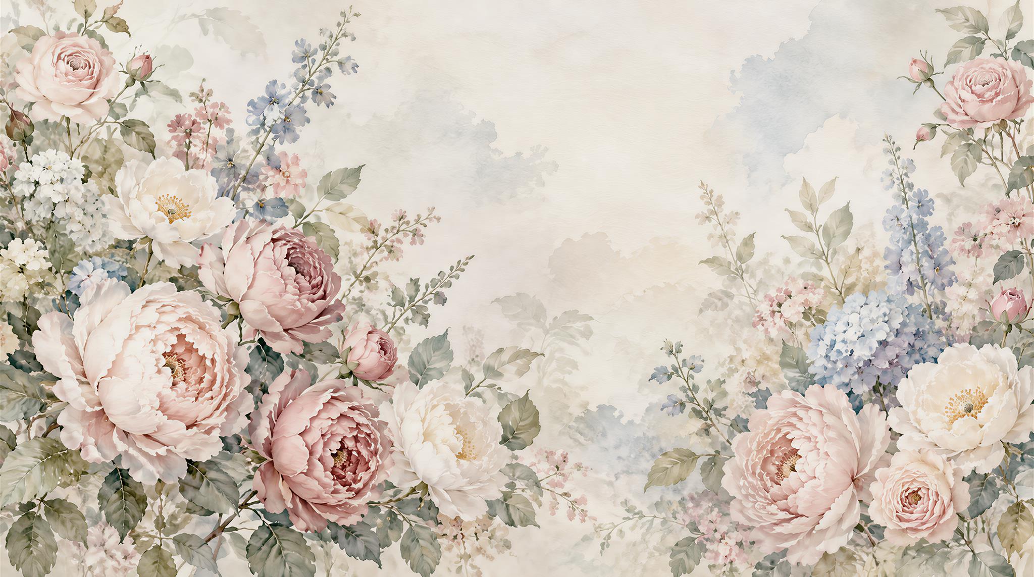 Blush Roses And Blue Hydrangeas Floral Frame Wallpaper Mural — Wallpaper Mural Design, Peel-and-stick Finish