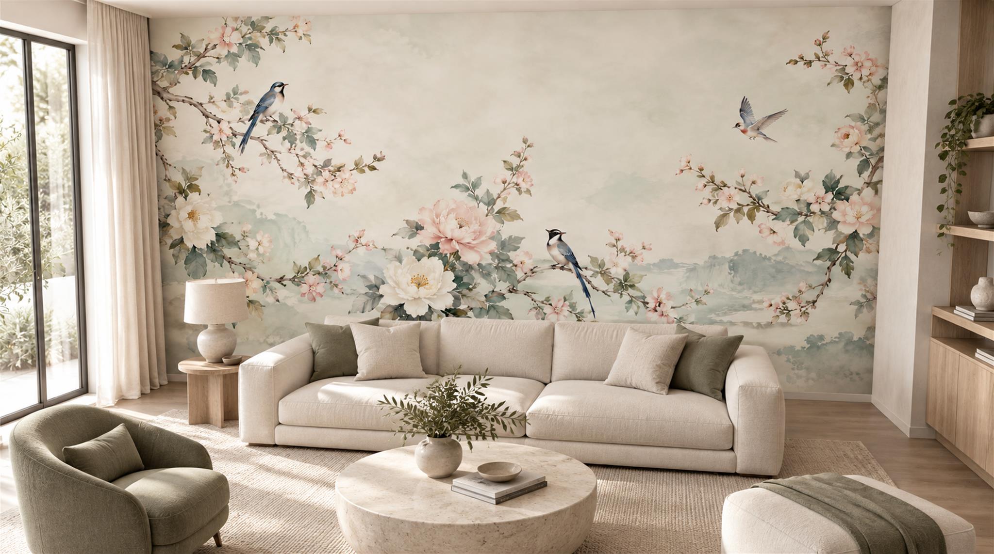 Sage Green And Neutral Abstract Forms Wallpaper Illustrated Wallpaper Living-room-wallpaper-murals, Shown In A Living Room, Peel-and-stick Finish