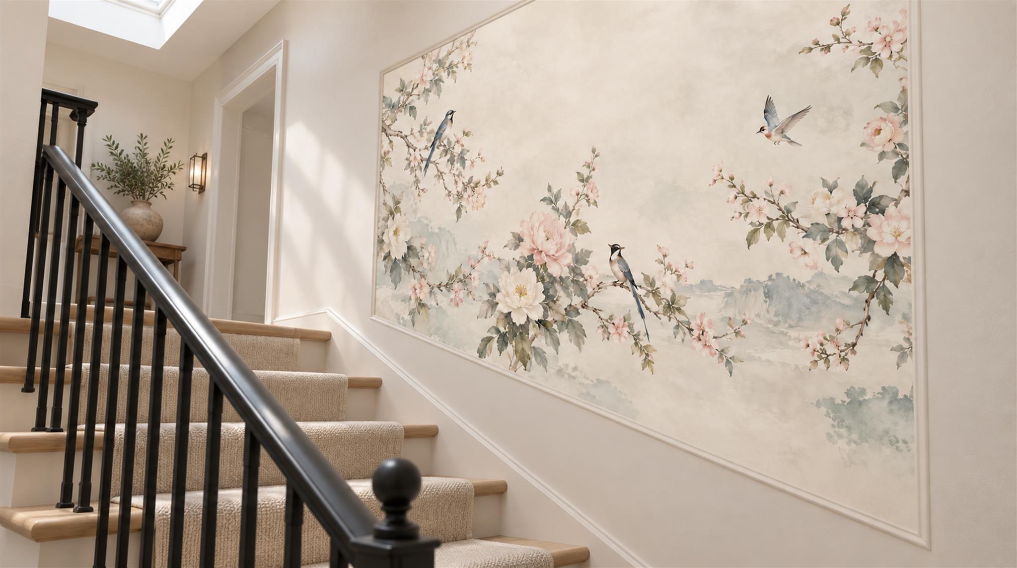 Sage Green And Neutral Abstract Forms Wallpaper Illustrated Wallpaper Hallway-wallpaper-murals, Peel-and-stick Finish