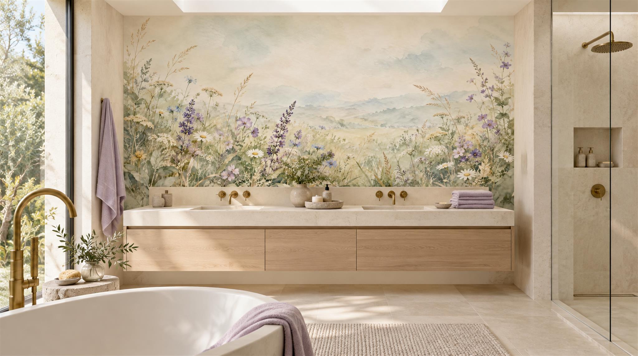 Ivory And Neutral Floral Forms Painterly Wallpaper Mural Accent-wall-wallpaper-murals, Peel-and-stick Finish