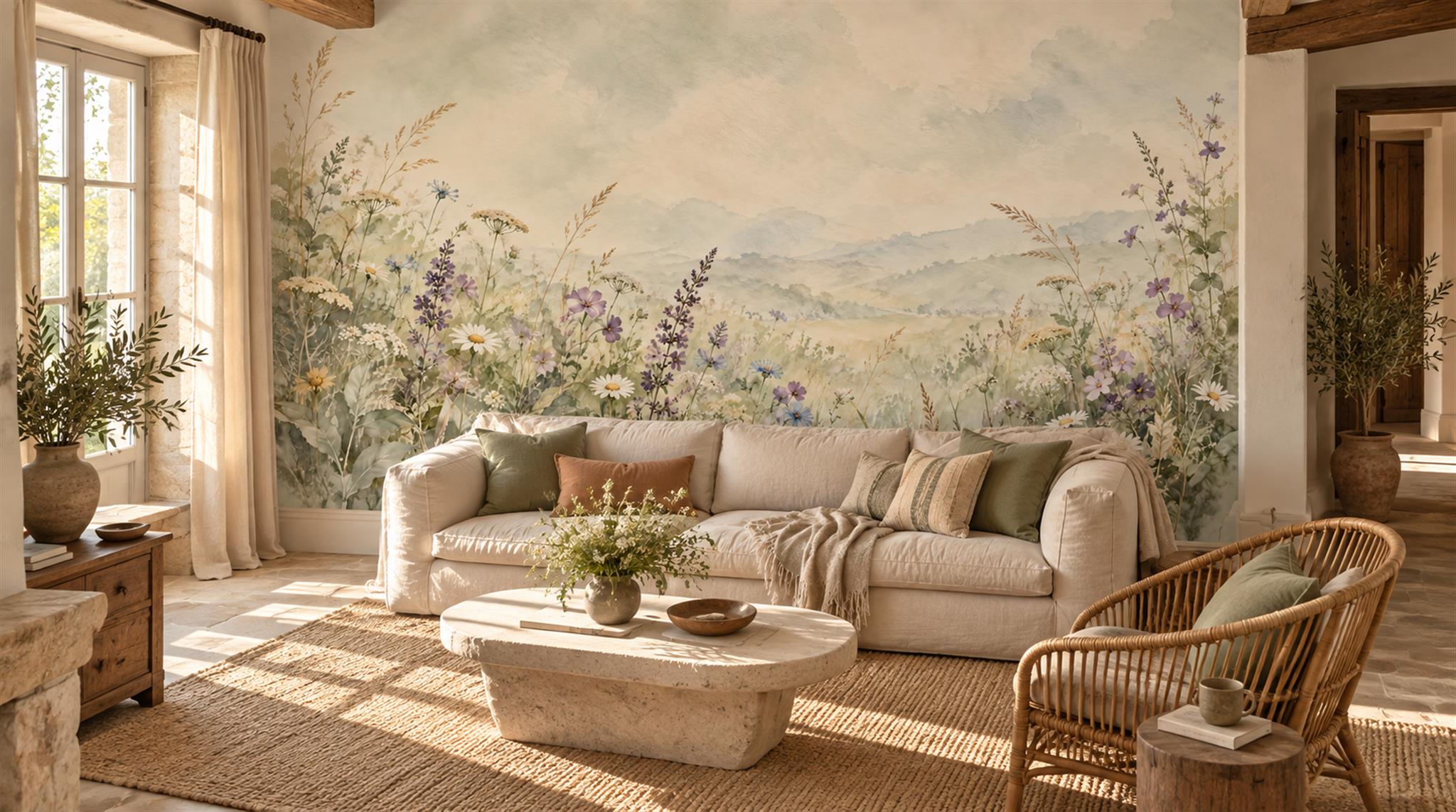 Ivory And Neutral Floral Forms Painterly Wallpaper Mural Accent-wall-wallpaper-murals, Peel-and-stick Finish
