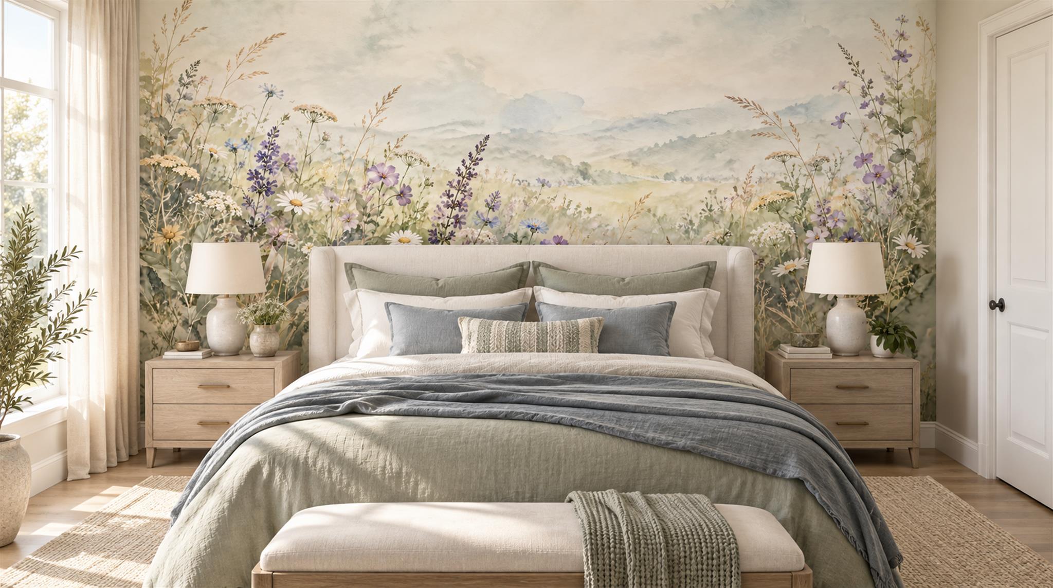 Ivory And Neutral Floral Forms Painterly Wallpaper Mural Bedroom-wallpaper-murals, Peel-and-stick Finish