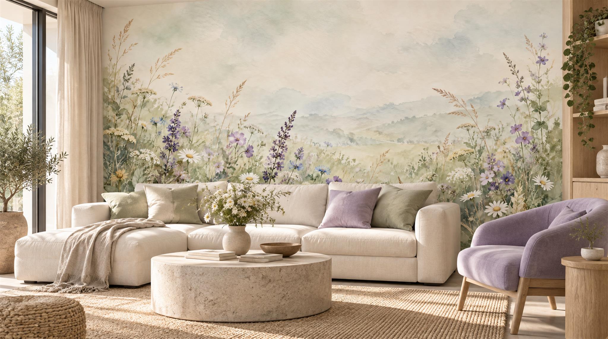 Ivory And Neutral Floral Forms Painterly Wallpaper Mural Living-room-wallpaper-murals, Shown In A Living Room, Peel-and-stick Finish