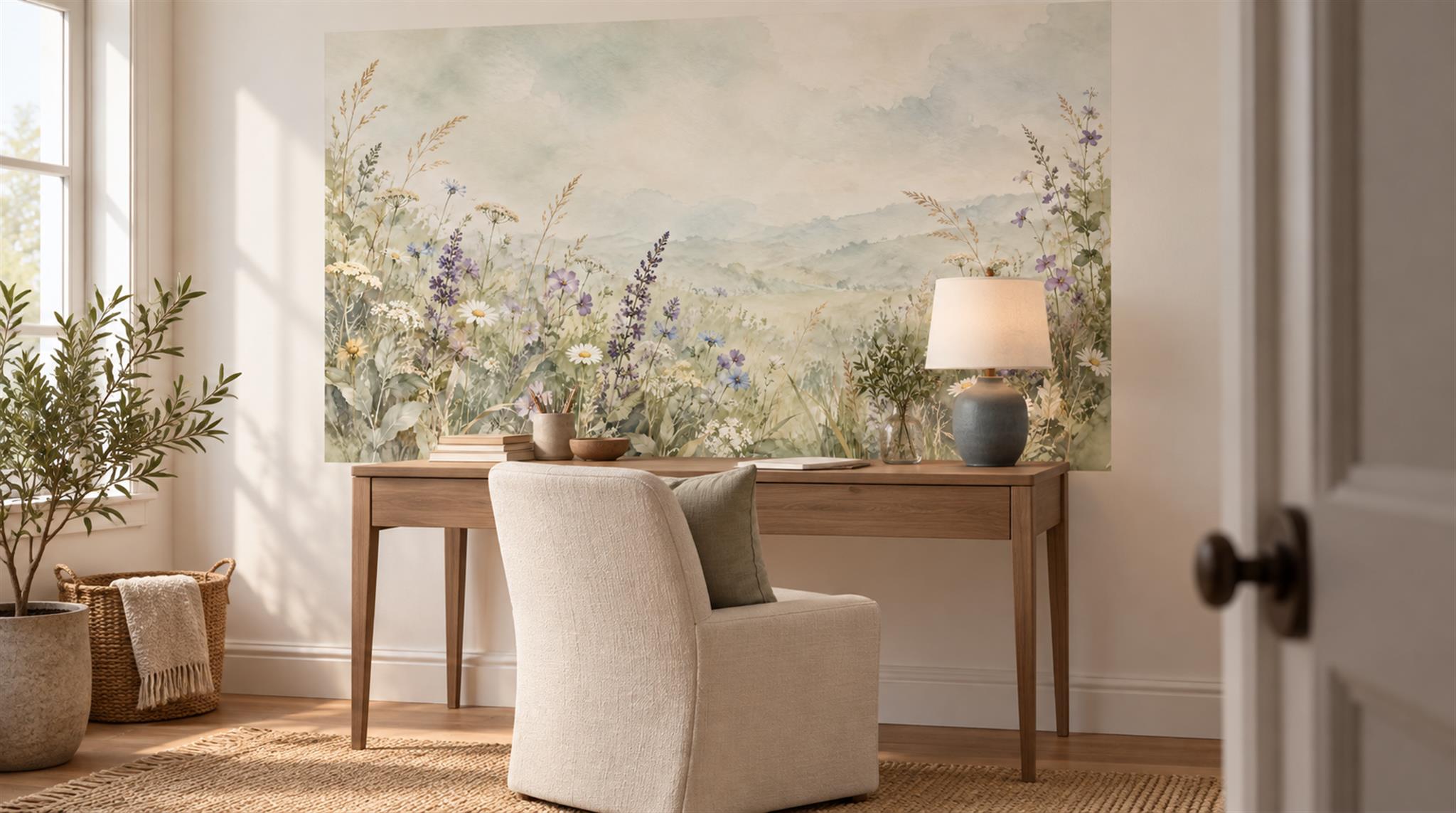 Ivory And Neutral Floral Forms Painterly Wallpaper Mural Home-office-wallpaper-murals, Shown In A Home Office, Peel-and-stick Finish