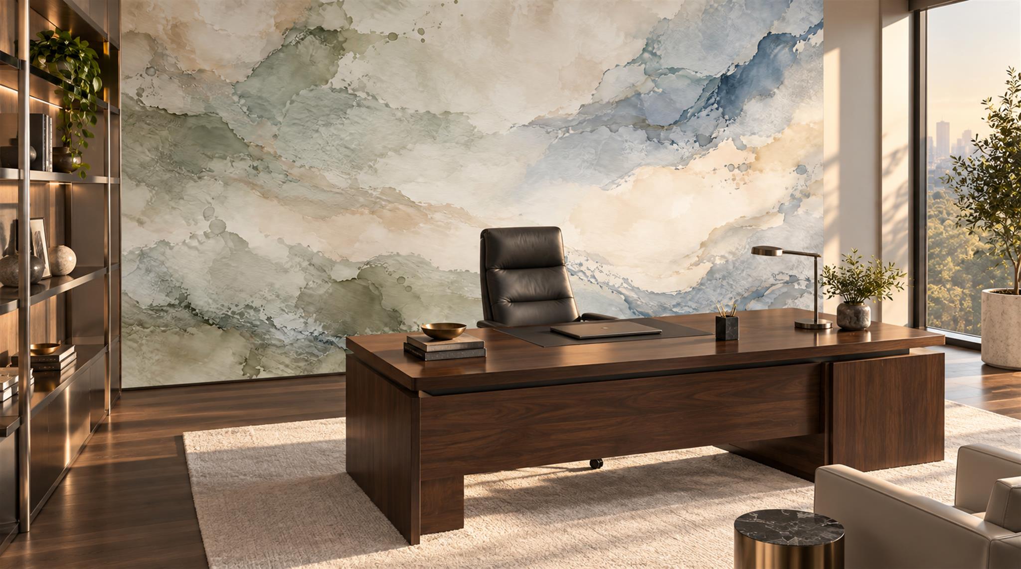 Red And Blue Decorative Patterning Wallpaper Mural Layered Office-wallpaper-murals, Shown In A Home Office, Peel-and-stick Finish