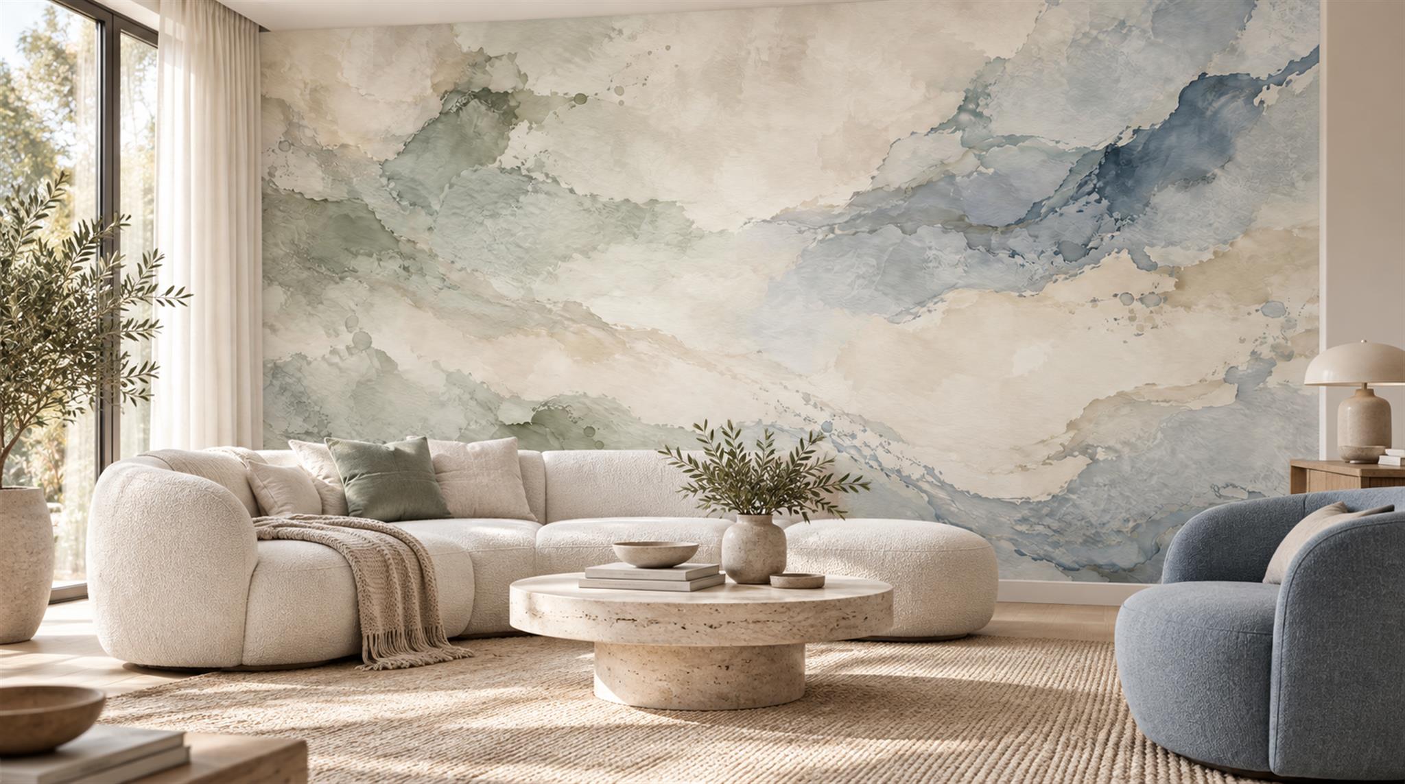 Muted Blue Grey Watercolour Cloudscape Wallpaper Mural — Wallpaper Mural Design, Peel-and-stick Finish