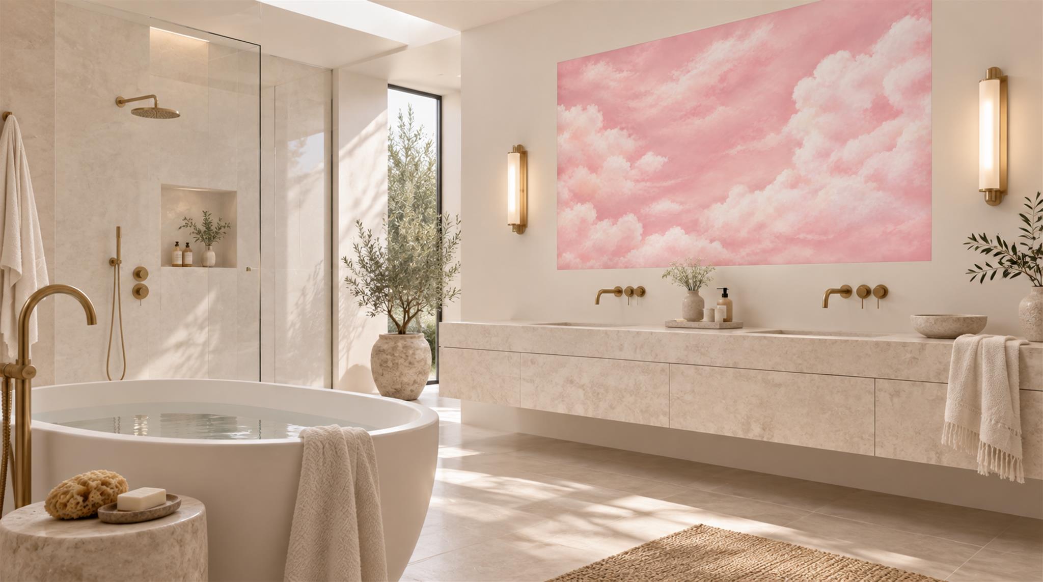 Pink And Neutral Decorative Patterning Layered Wallpaper Mural Bathroom-wallpaper-murals, Peel-and-stick Finish