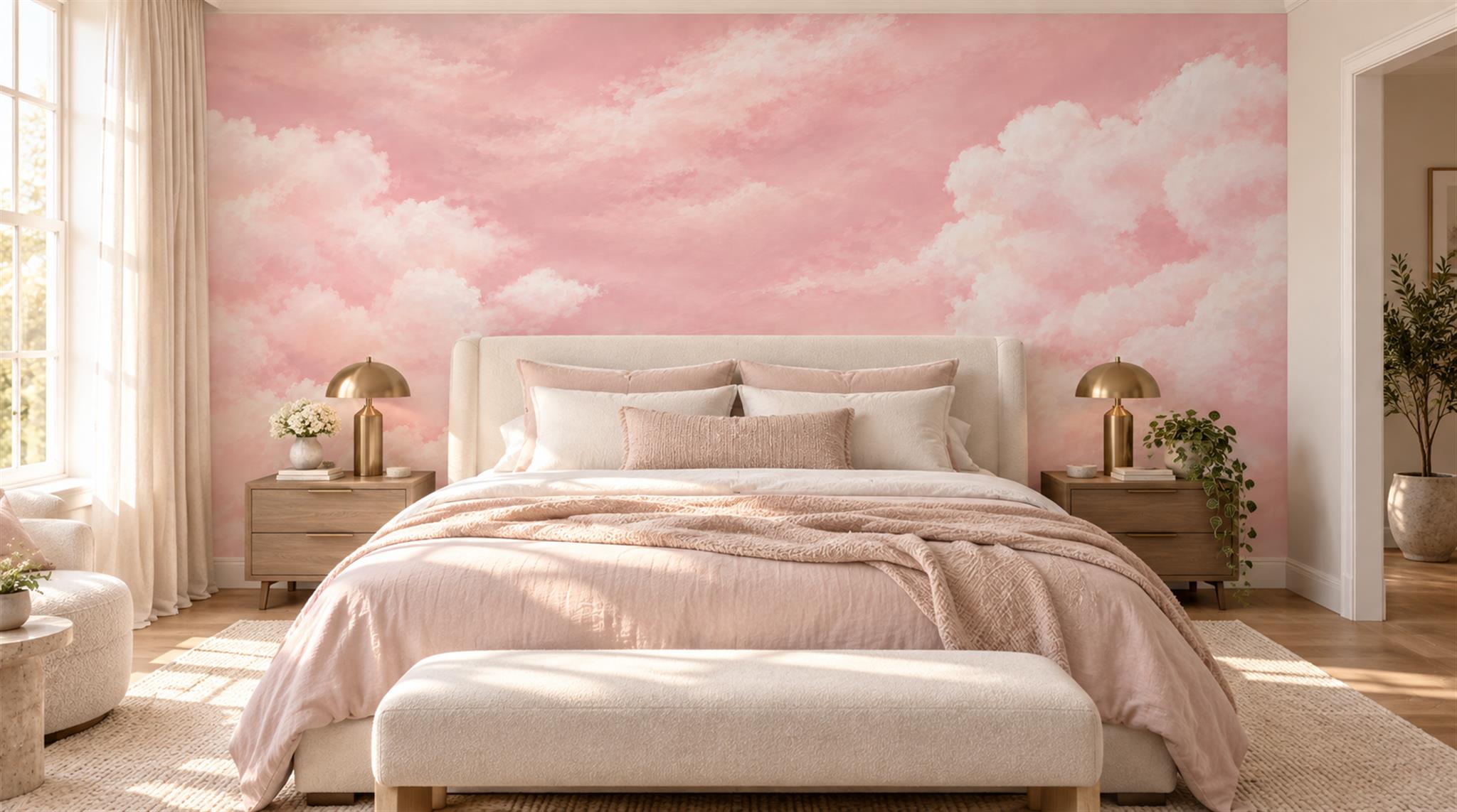 Pink And Neutral Decorative Patterning Layered Wallpaper Mural Bedroom-wallpaper-murals, Peel-and-stick Finish
