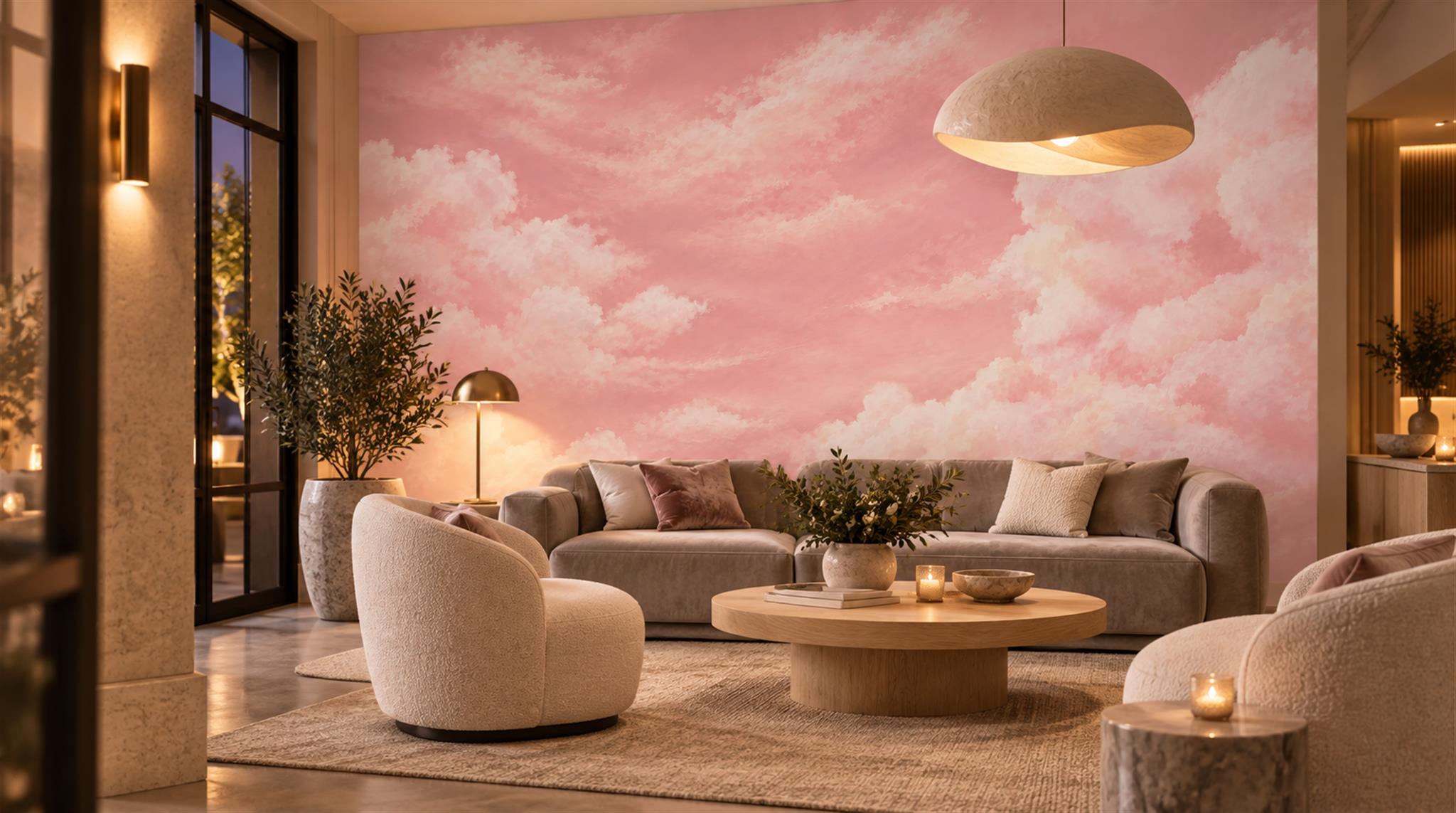 Pink And Neutral Decorative Patterning Layered Wallpaper Mural Accent-wall-wallpaper-murals, Peel-and-stick Finish