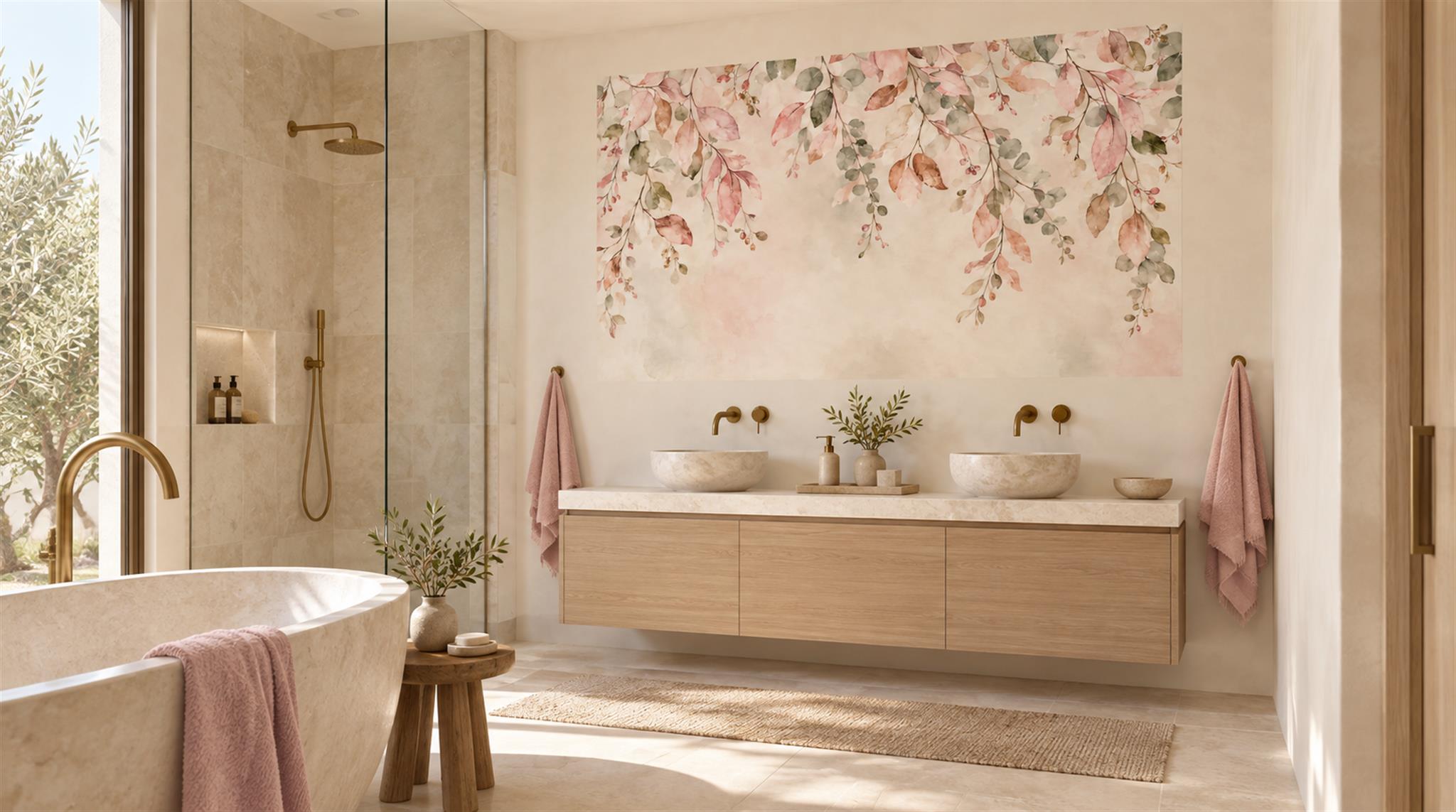 Pink And Neutral Abstract Forms Layered Wallpaper Mural Bathroom-wallpaper-murals, Peel-and-stick Finish