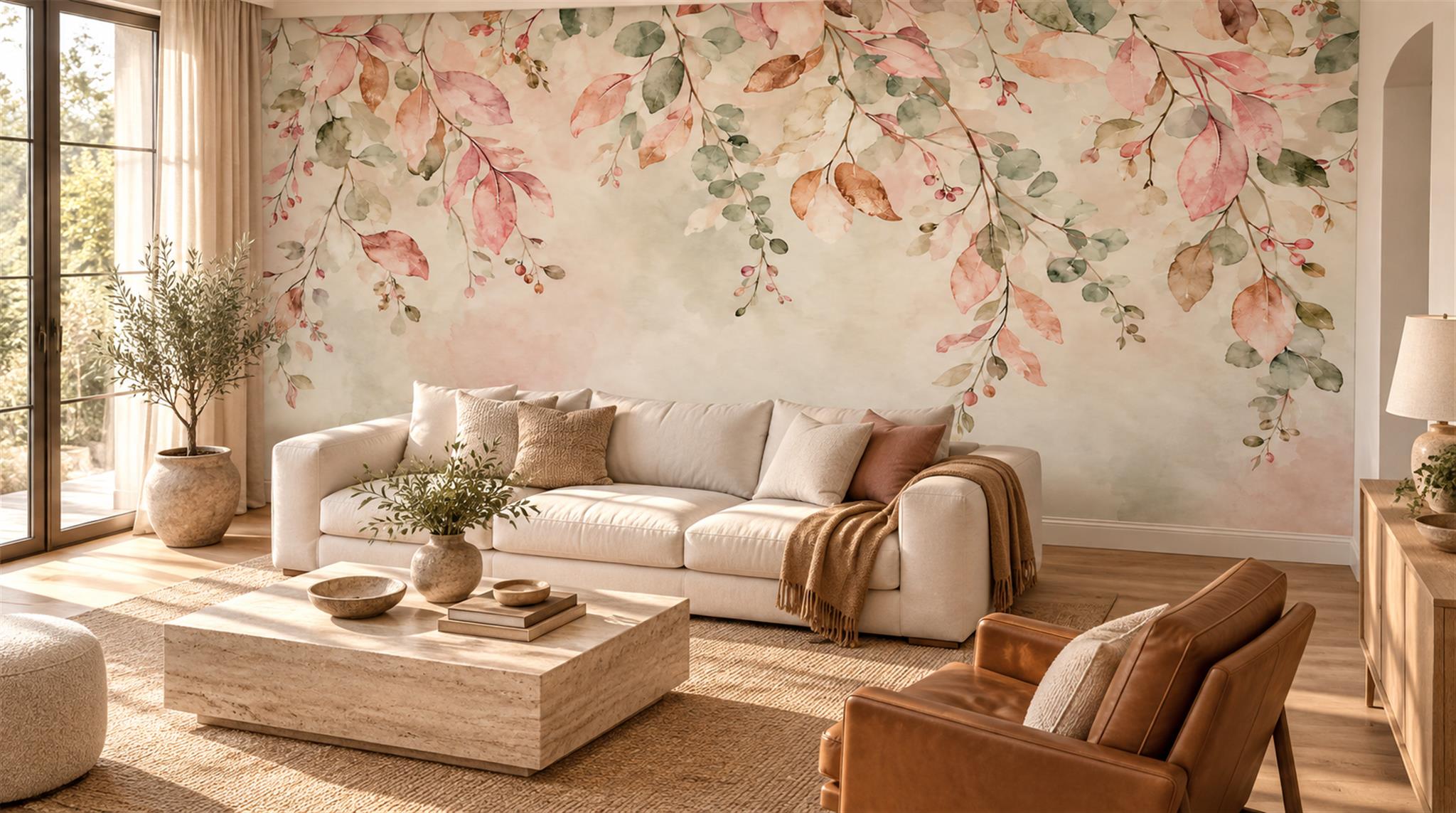 Pink And Neutral Abstract Forms Layered Wallpaper Mural Living-room-wallpaper-murals, Peel-and-stick Finish