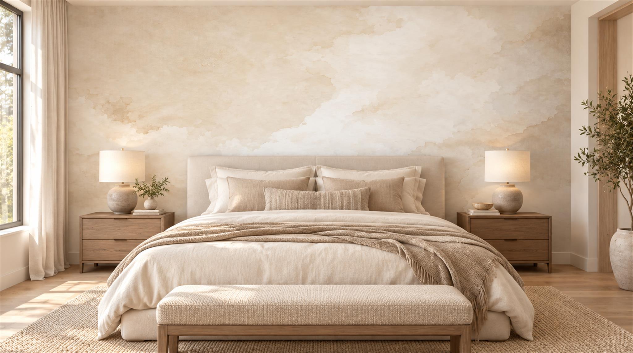 Ivory And Neutral Decorative Patterning Layered Wallpaper Mural Bedroom-wallpaper-murals, Peel-and-stick Finish