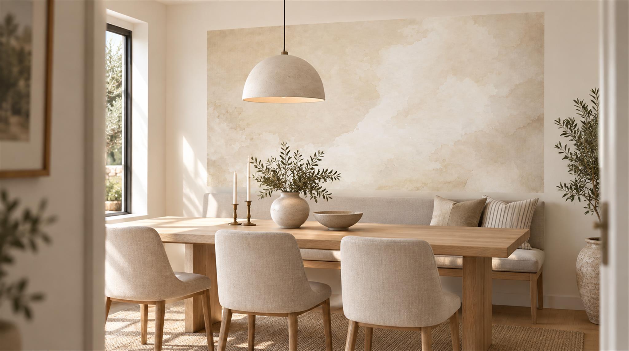 Ivory And Neutral Decorative Patterning Layered Wallpaper Mural Dining-room-wallpaper-murals, Peel-and-stick Finish