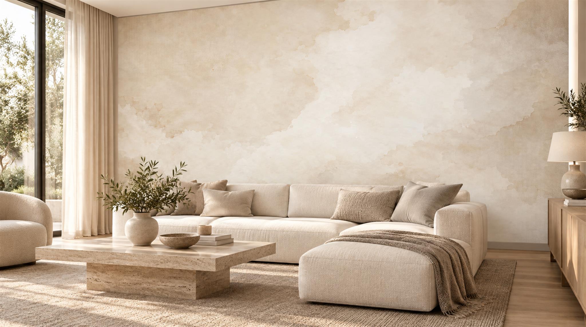 Warm Ivory And Beige Cloudscape Wallpaper Mural — Wallpaper Mural Design, Peel-and-stick Finish
