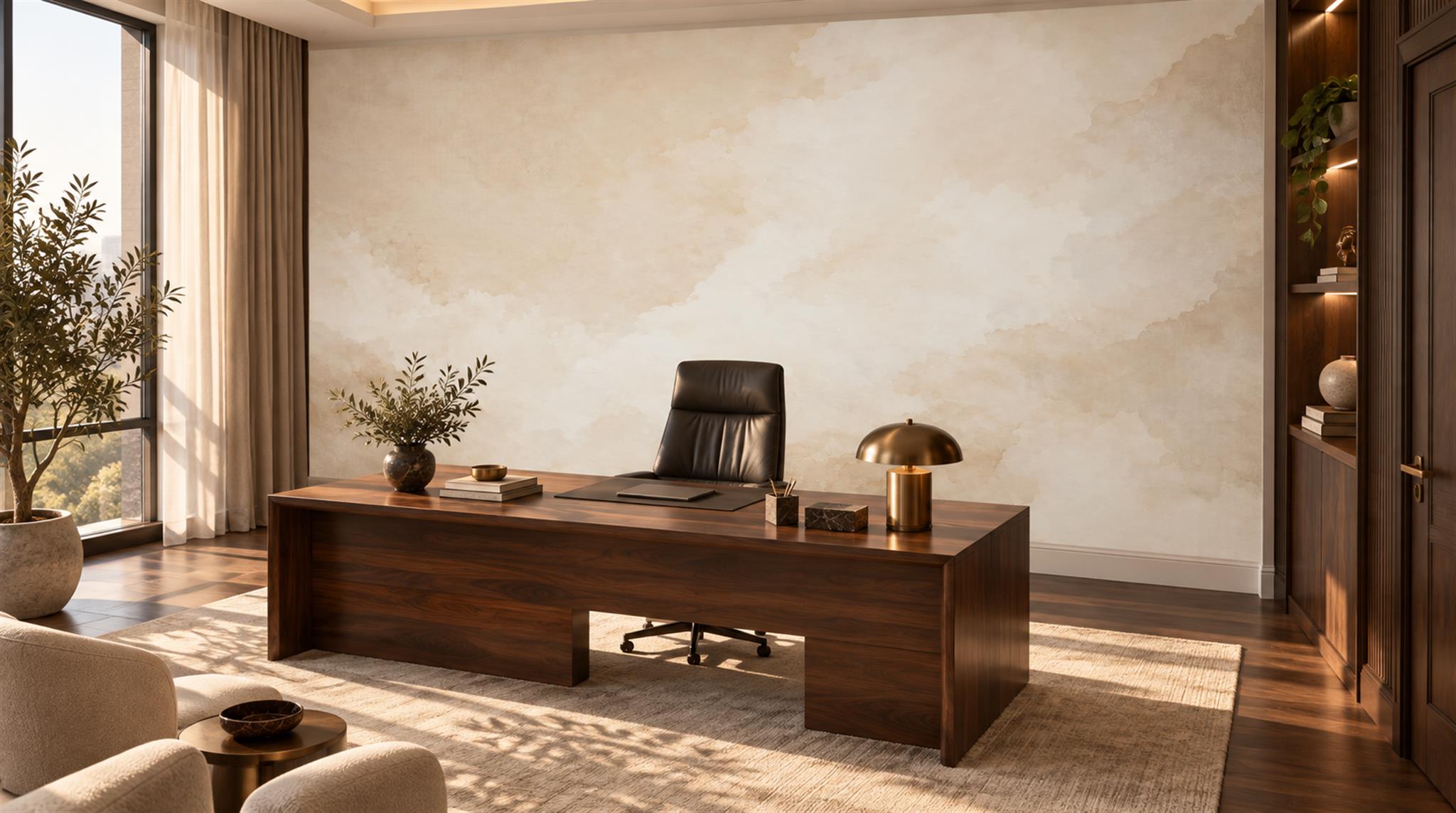 Ivory And Neutral Decorative Patterning Layered Wallpaper Mural Office-wallpaper-murals, Shown In A Home Office, Peel-and-stick Finish