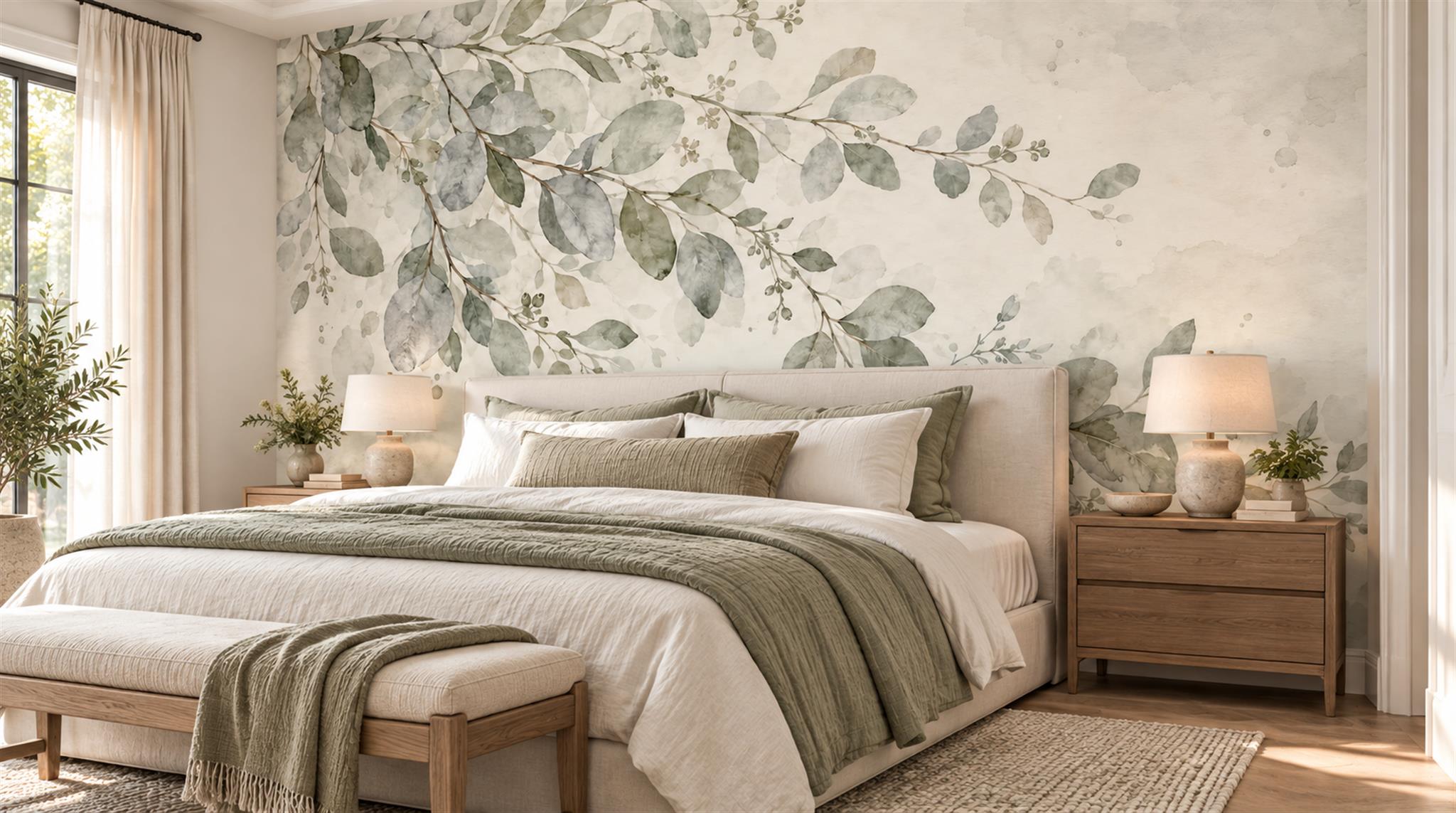 Sage Green And Neutral Abstract Forms Wallpaper Layered Bedroom-wallpaper-murals, Peel-and-stick Finish