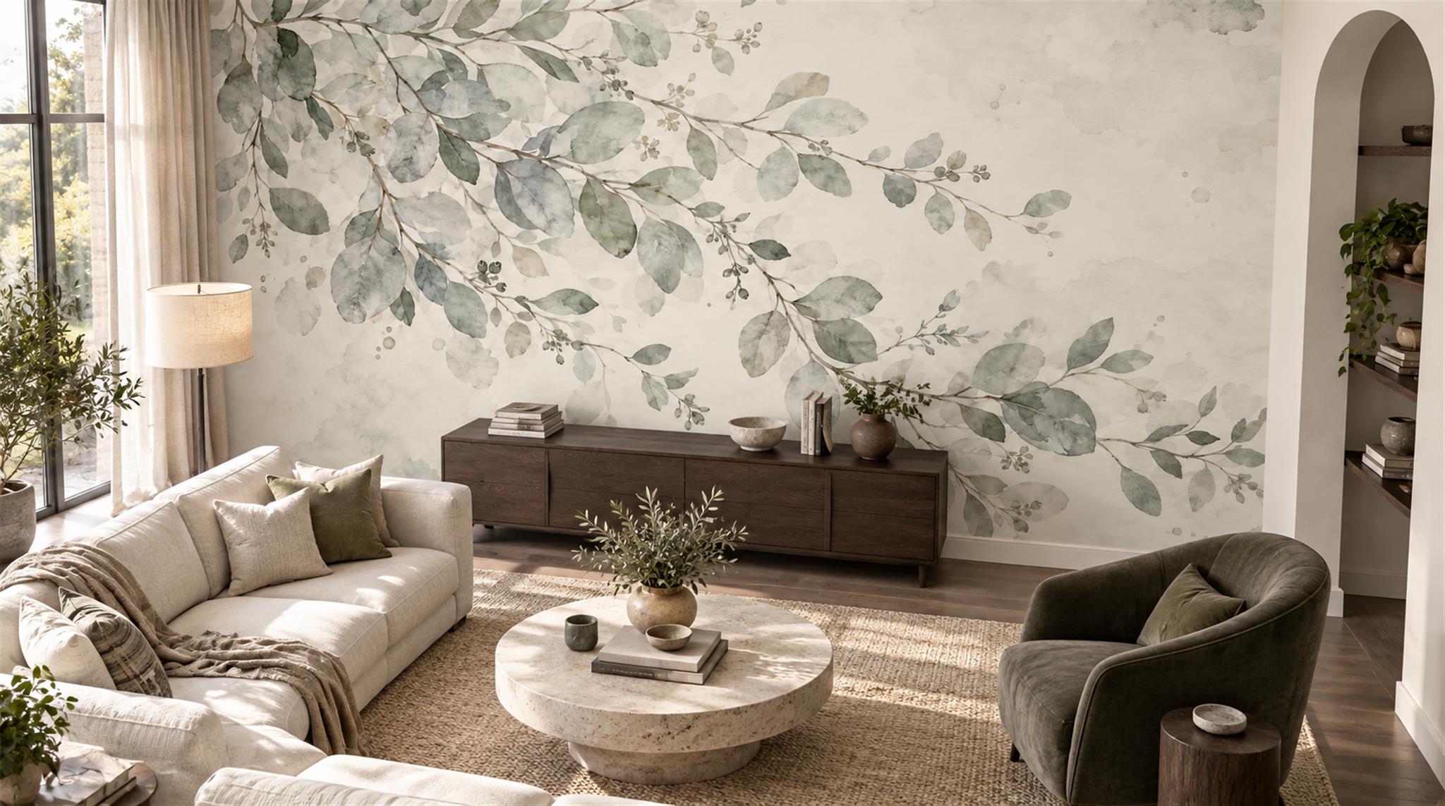 Sage Watercolour Branches And Leaves Wallpaper Mural — Wallpaper Mural Design, Peel-and-stick Finish