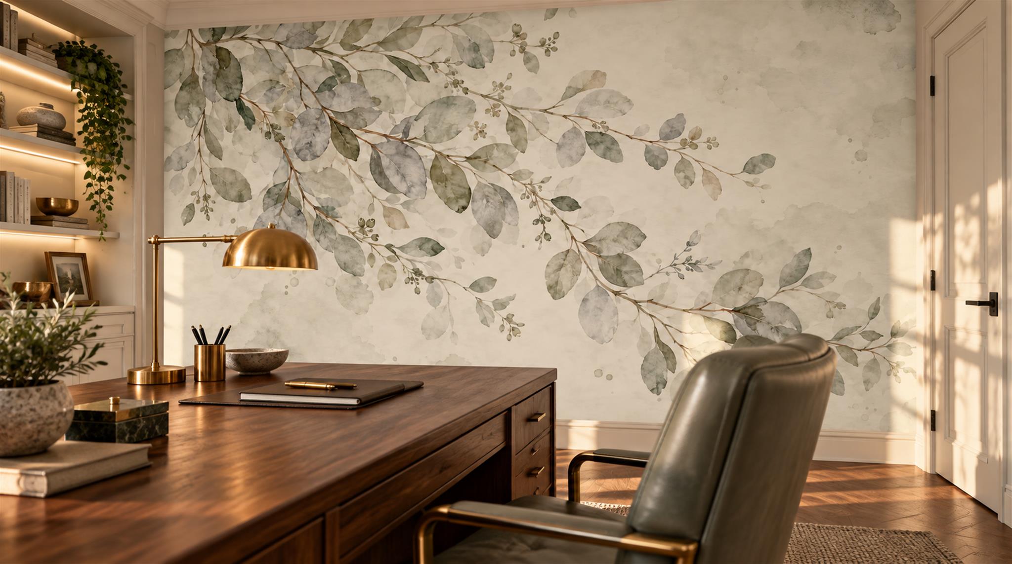 Sage Green And Neutral Abstract Forms Wallpaper Layered Home-office-wallpaper-murals, Shown In A Home Office, Peel-and-stick Finish