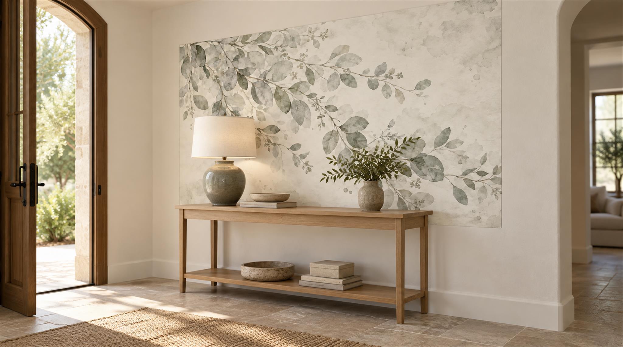 Sage Green And Neutral Abstract Forms Wallpaper Layered Entryway-wallpaper-murals, Peel-and-stick Finish