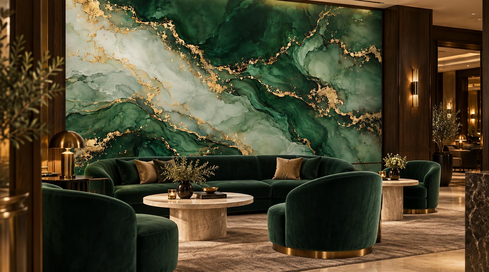 Green And Neutral Marble Veining Wallpaper Mural Feature-wall-wallpaper-murals, Peel-and-stick Finish