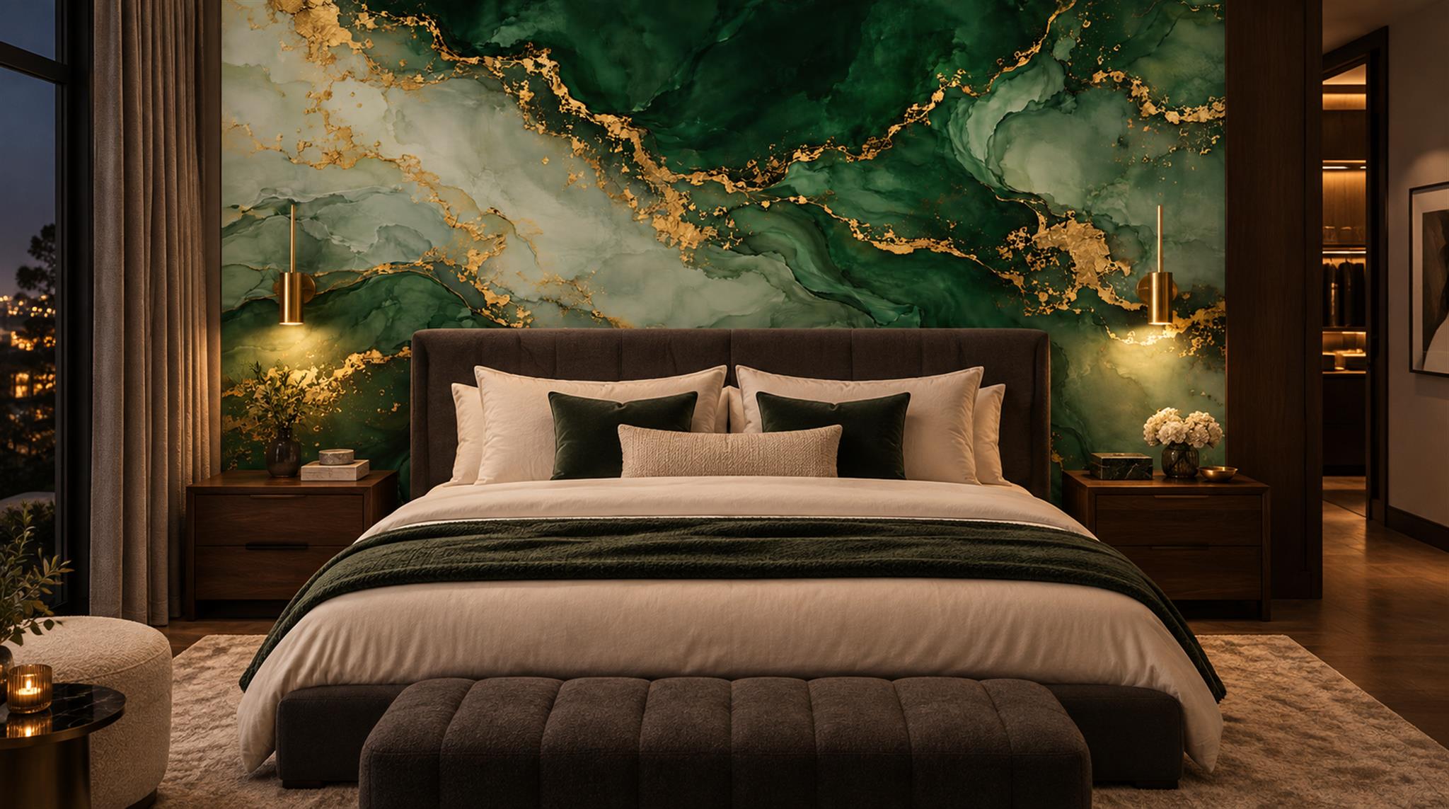 Green And Neutral Marble Veining Wallpaper Mural Bedroom-wallpaper-murals, Peel-and-stick Finish