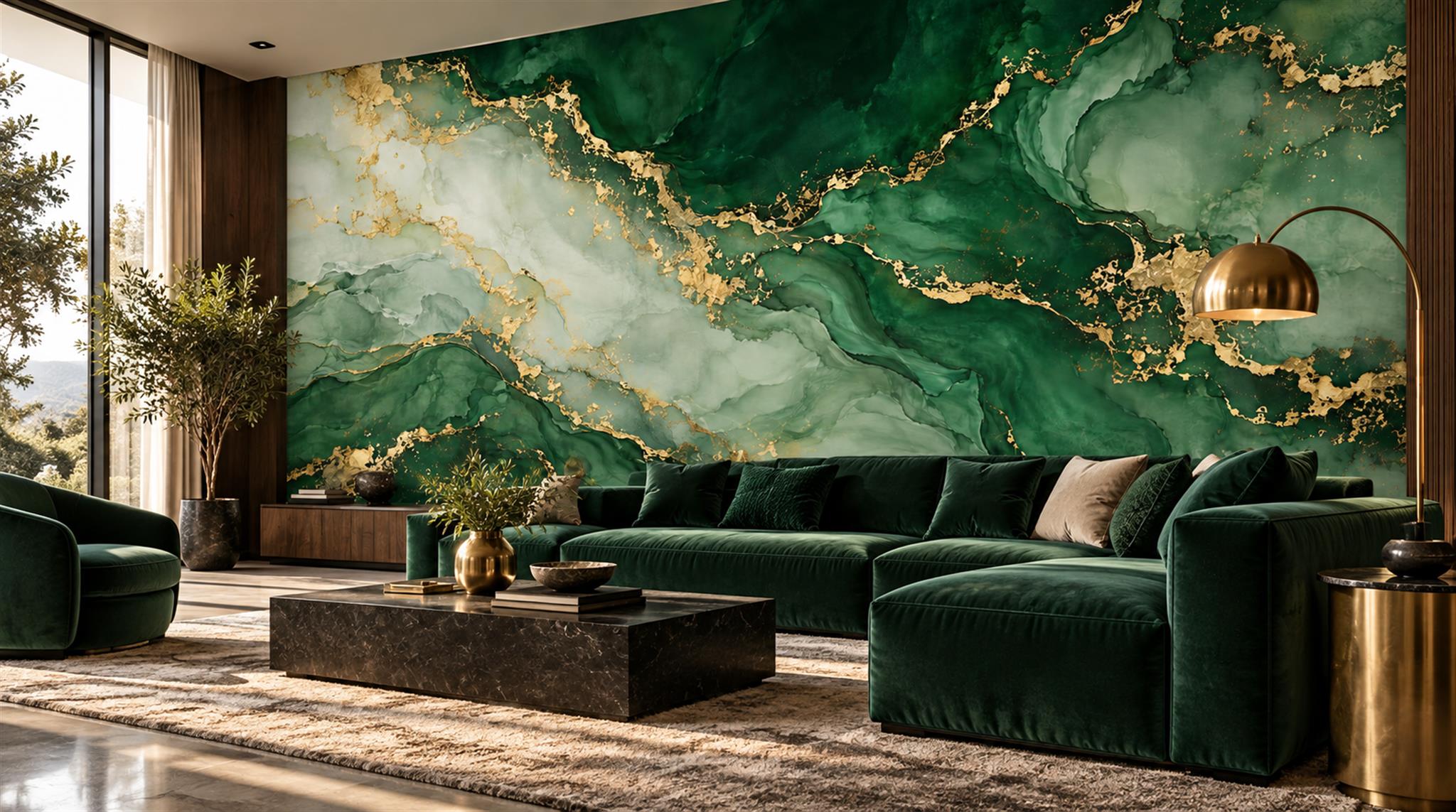 Green And Neutral Marble Veining Wallpaper Mural Living-room-wallpaper-murals, Shown In A Living Room, Peel-and-stick Finish