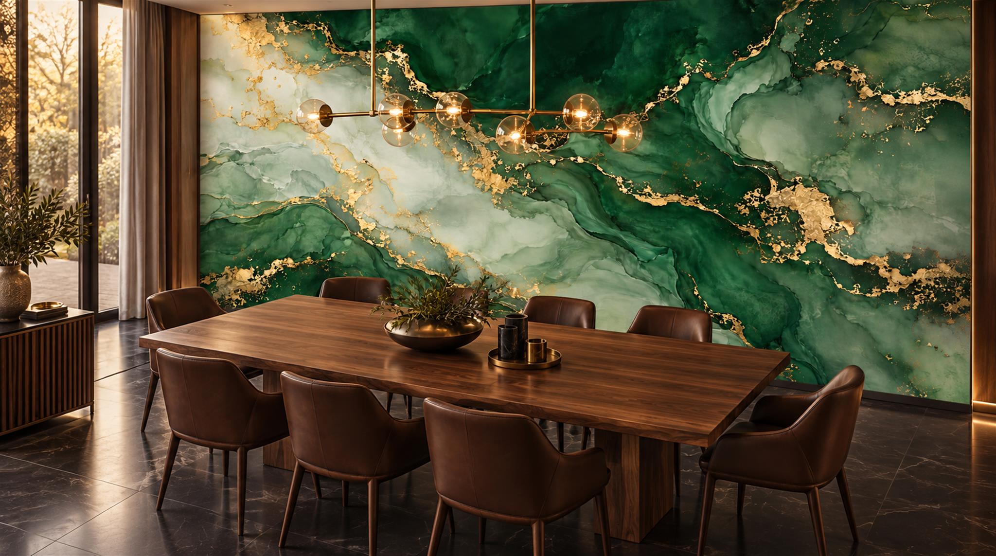 Green And Neutral Marble Veining Wallpaper Mural Accent-wall-wallpaper-murals, Peel-and-stick Finish