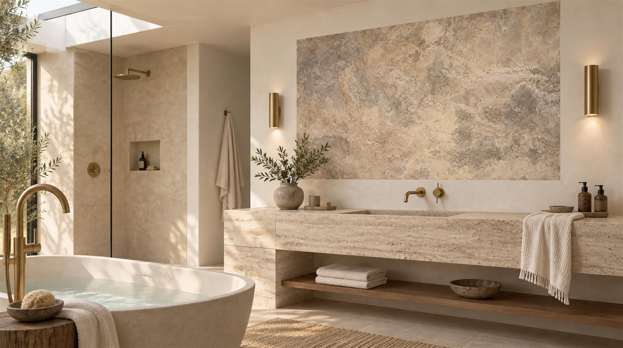 Neutral Stone Texture Wallpaper Mural Bathroom-wallpaper-murals, Peel-and-stick Finish