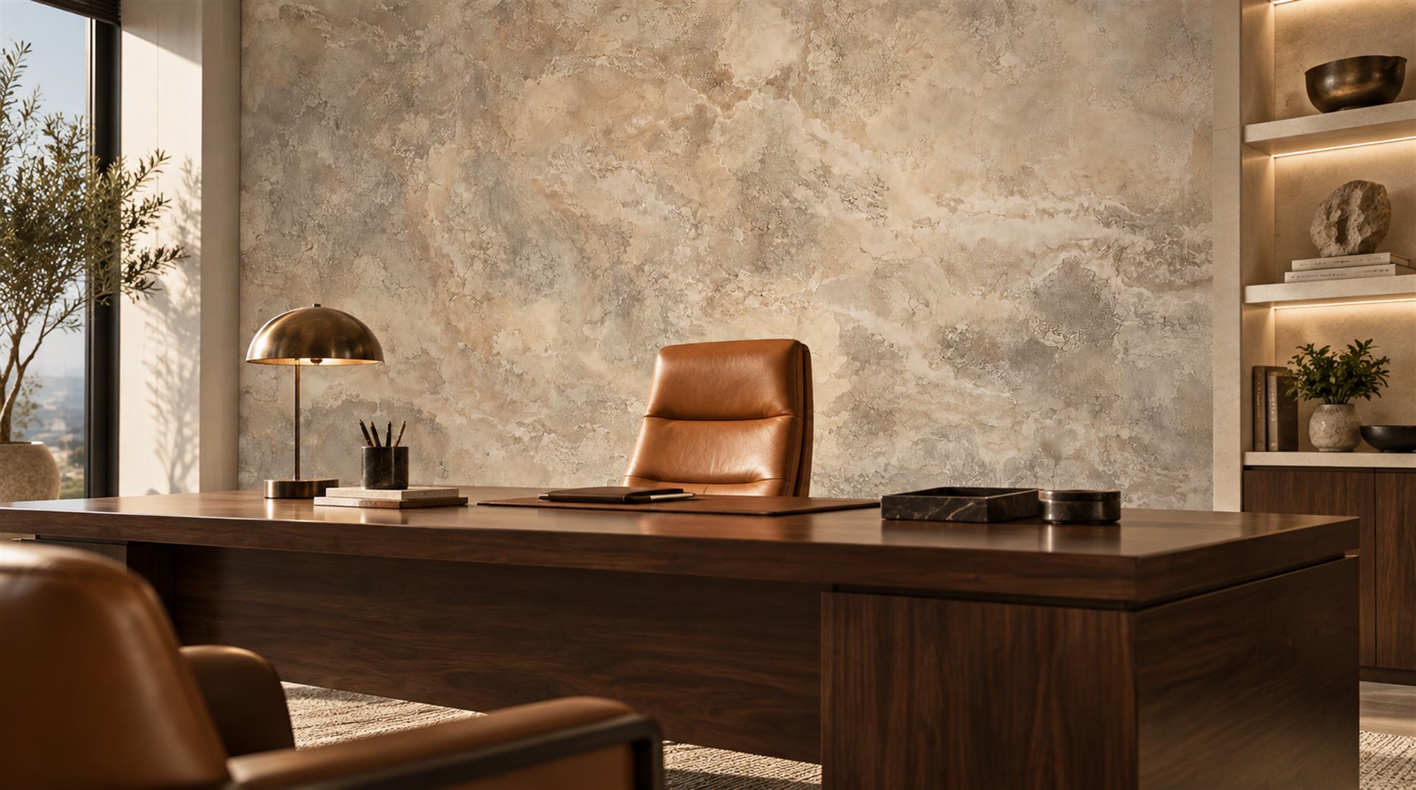Neutral Stone Texture Wallpaper Mural Office-wallpaper-murals, Shown In A Home Office, Peel-and-stick Finish
