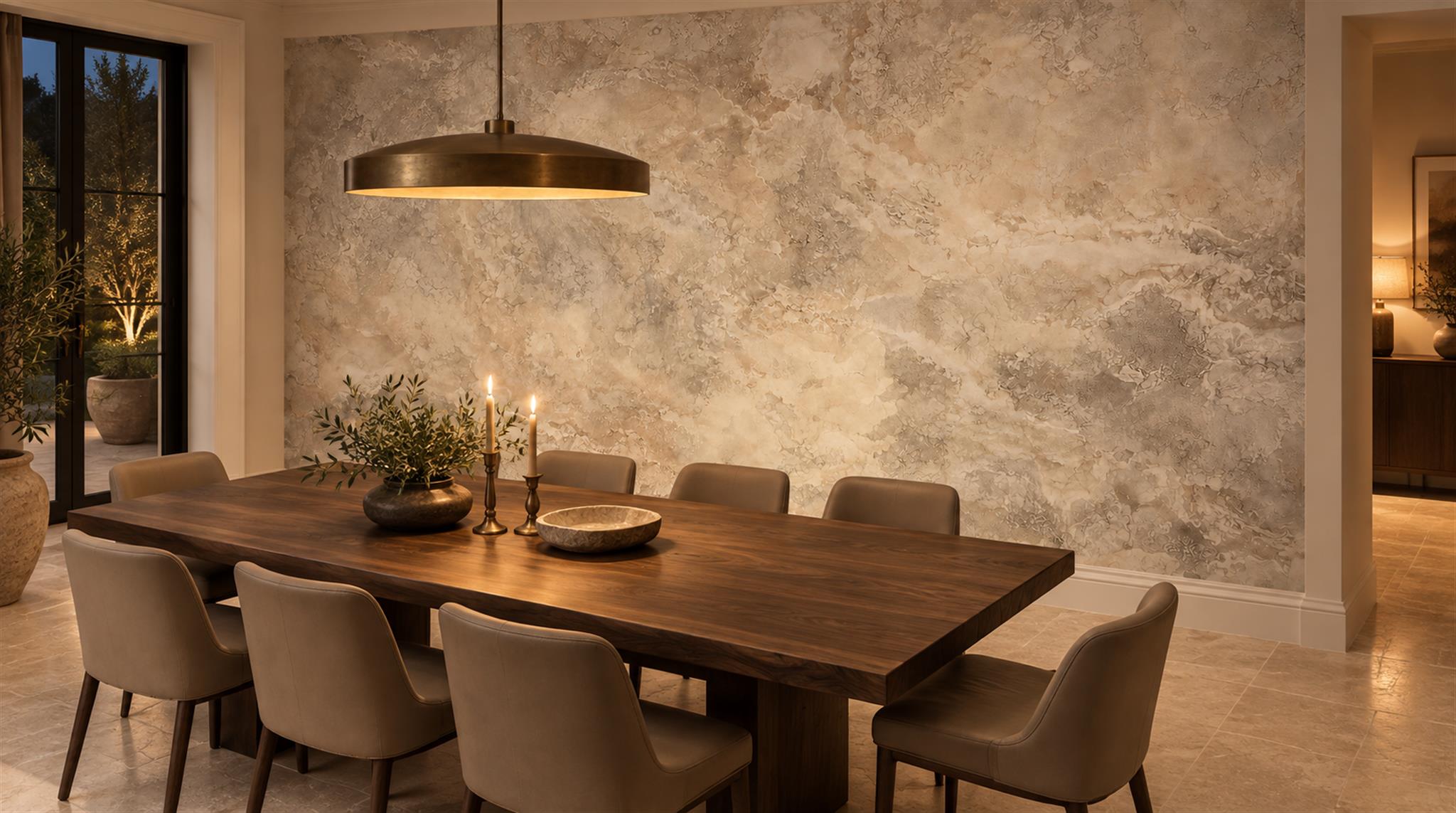 Neutral Stone Texture Wallpaper Mural Dining-room-wallpaper-murals, Shown In A Dining Room, Peel-and-stick Finish